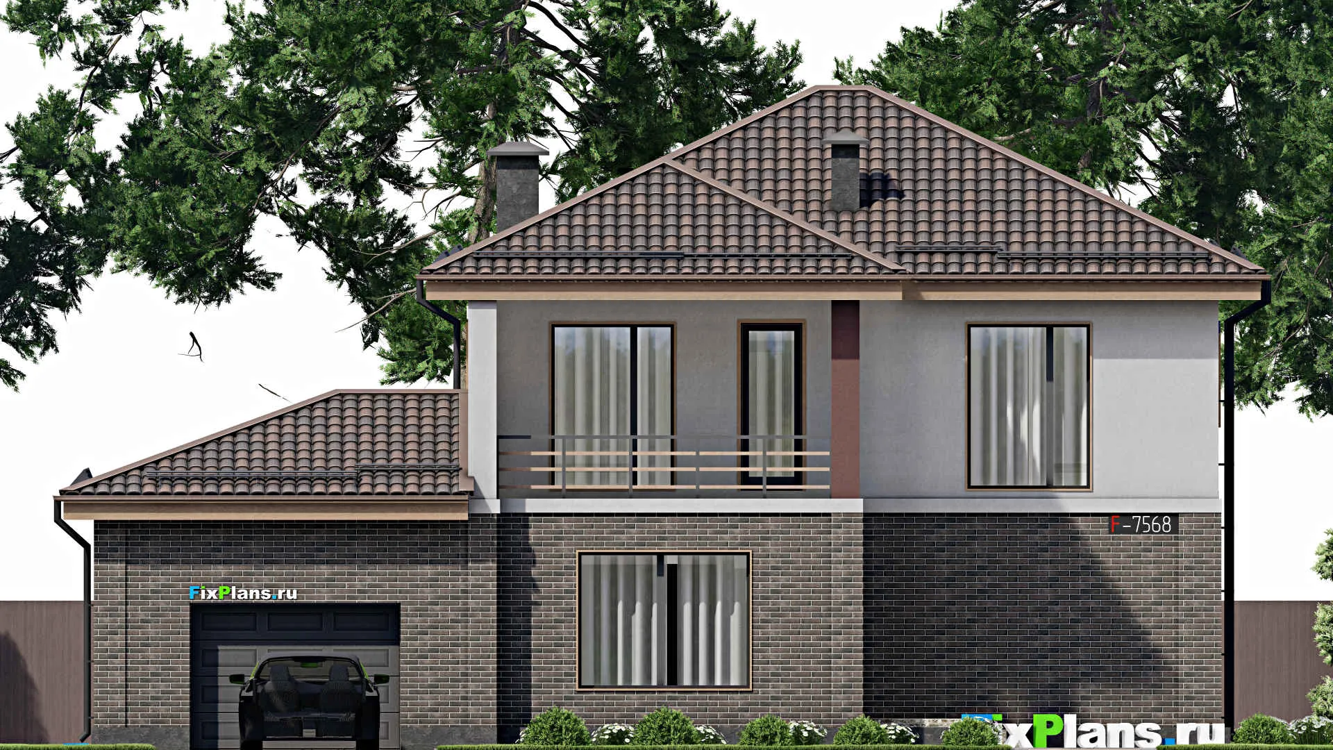 F-7568 - Проект двухэтажного дома 14 на 16, площадью 230 м² с балконом, гаражом на 1 машину и 3 спальнями