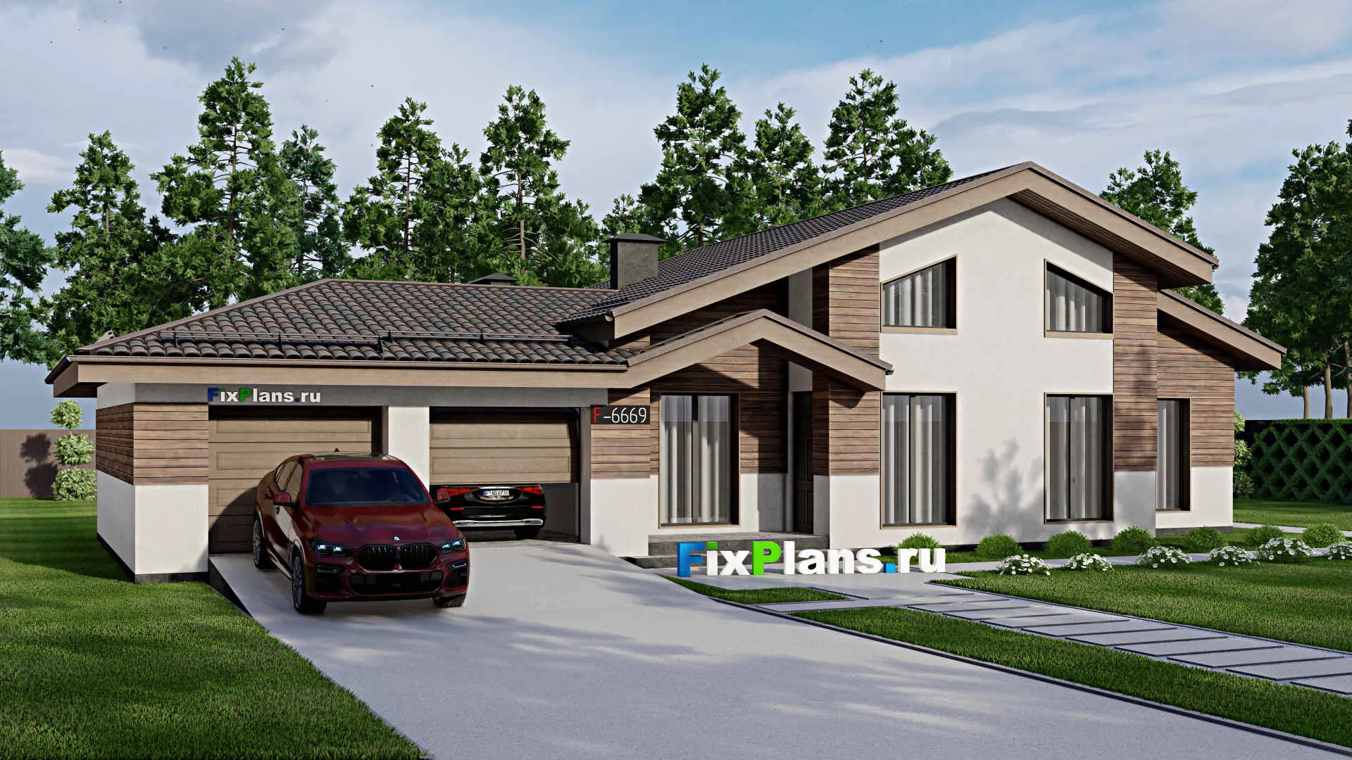 F-6659 - Проект одноэтажного дома 12 на 22, площадью 190 м² с террасой, гаражом на 2 машины и 3 спальнями
