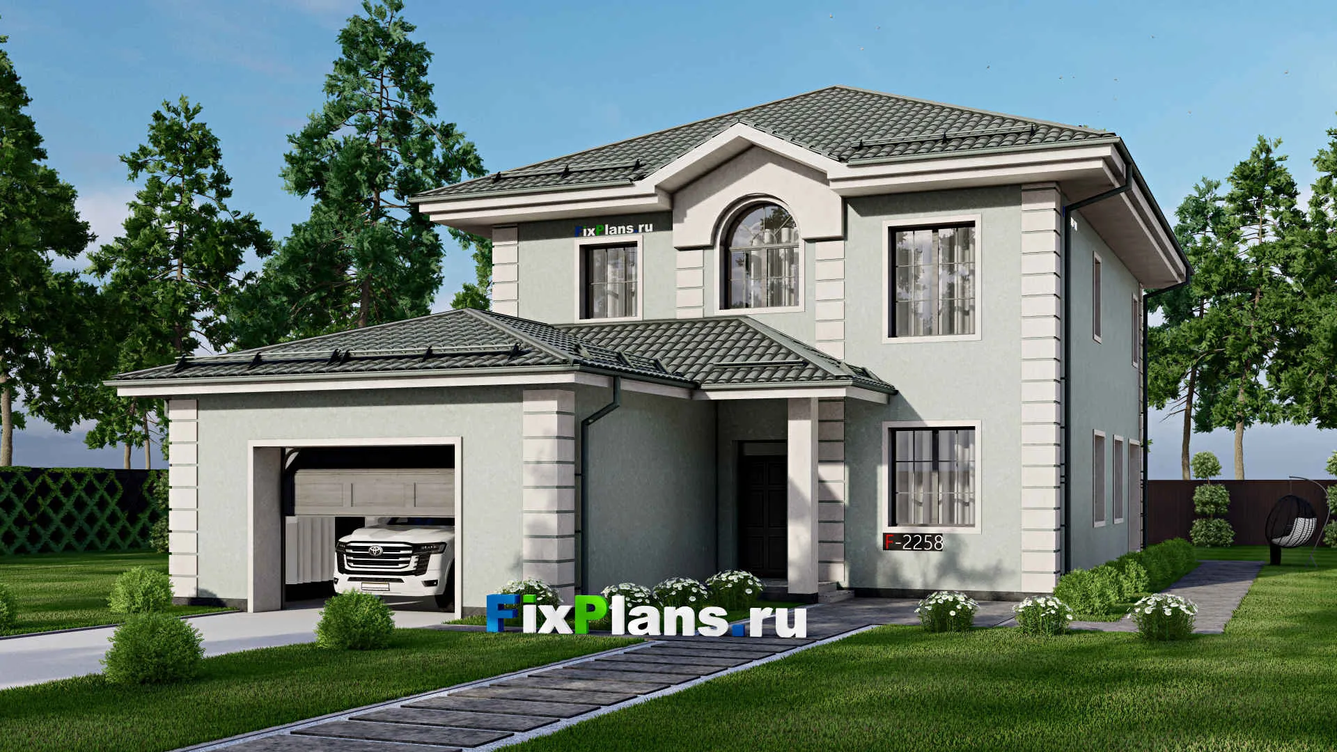 F-2258 - Проект двухэтажного дома 13 на 20, площадью 240 м² с террасой, гаражом на 2 машины и 3 спальнями