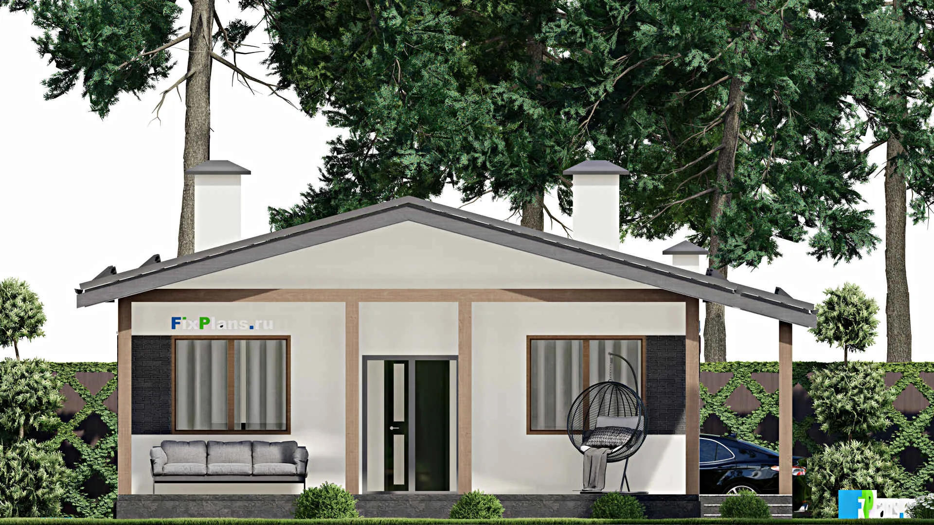 F-4418 - Проект одноэтажного дома 9 на 9, площадью 80 м² с террасой и 2 спальнями