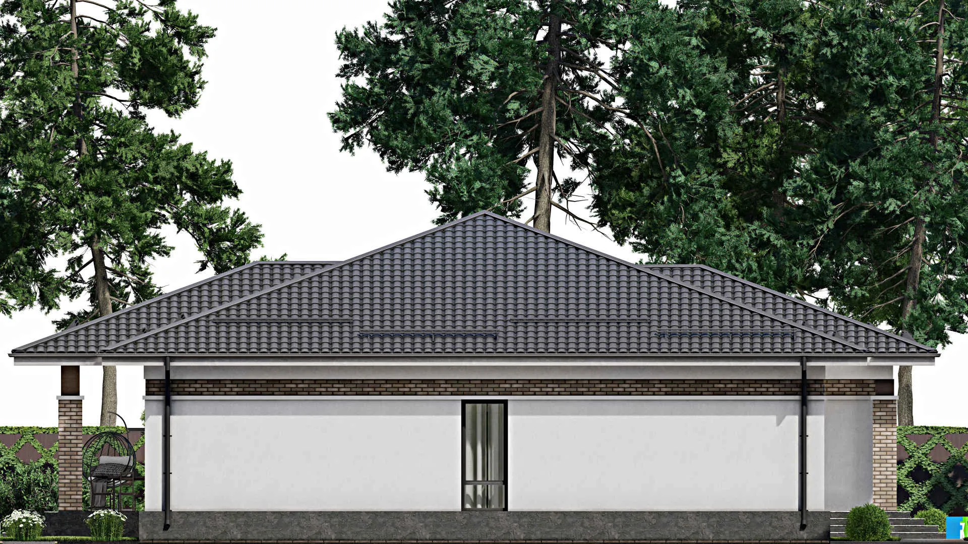 F-1925 - Проект одноэтажного дома 17 на 17, площадью 230 м² с террасой и 4 спальнями