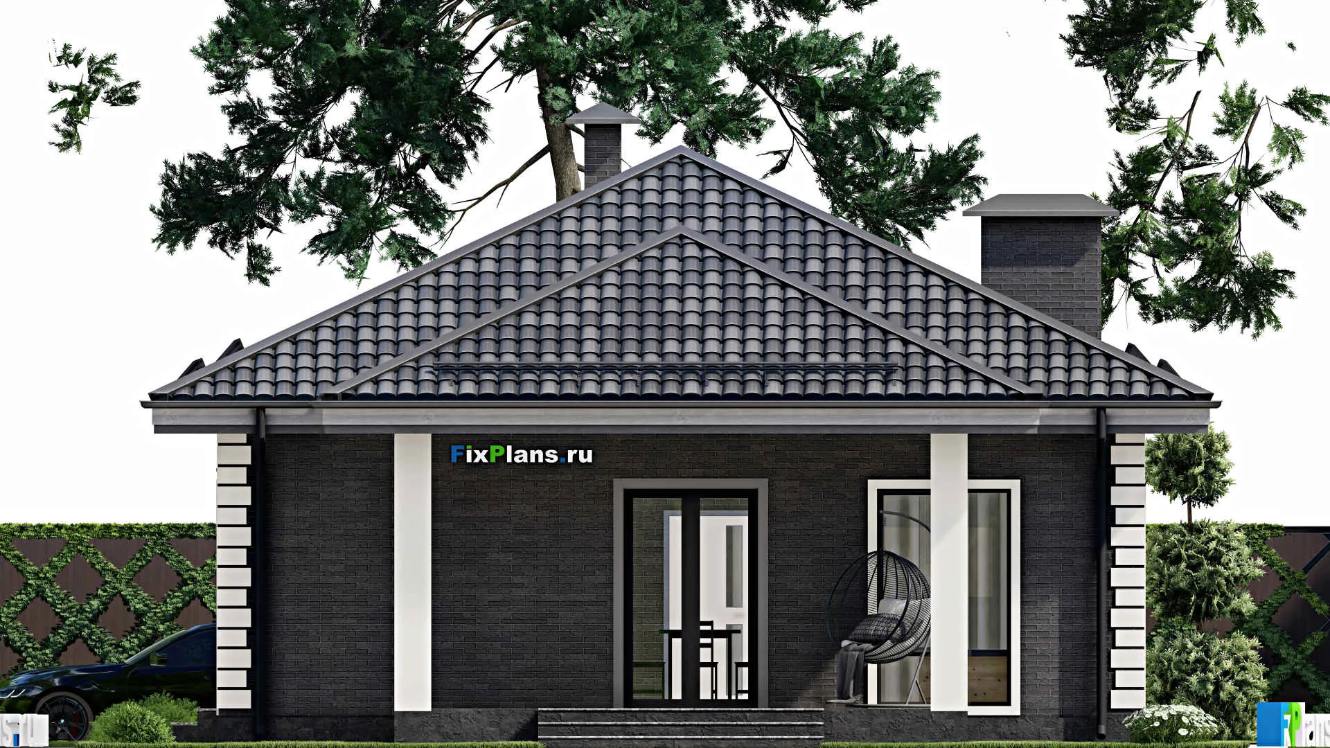 F-5777 - Проект одноэтажного дома 10 на 12, площадью 120 м² с террасой и 3 спальнями