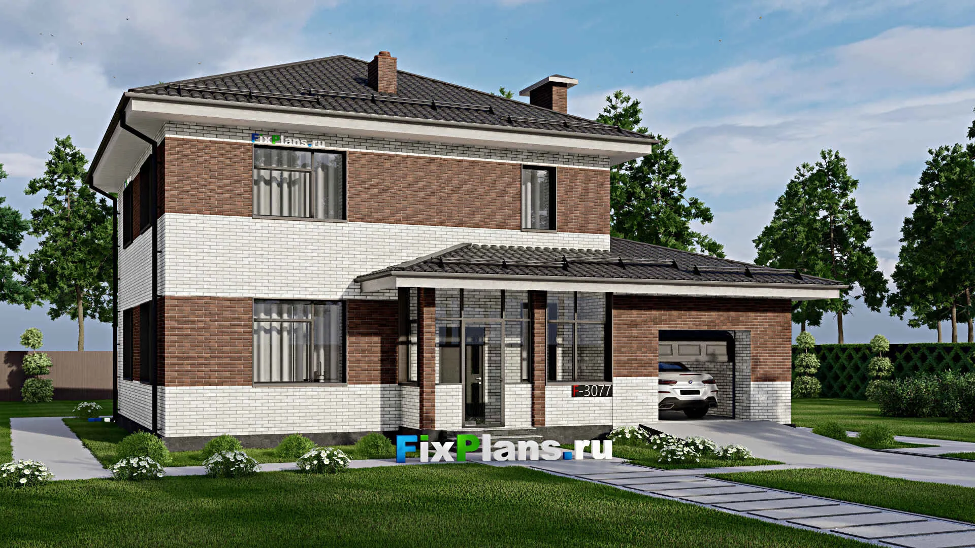 F-3077 - Проект двухэтажного дома 12 на 15, площадью 180 м² с гаражом на 1 машину и 4 спальнями