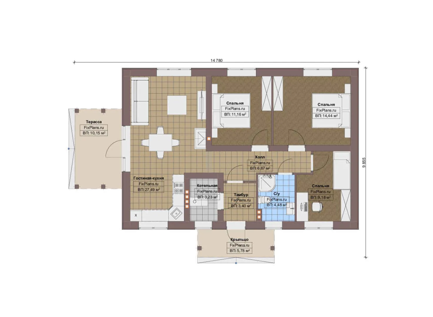 F-12788 - План одноэтажного дома 10 на 15, площадью 100 м² с террасой и 3 спальнями