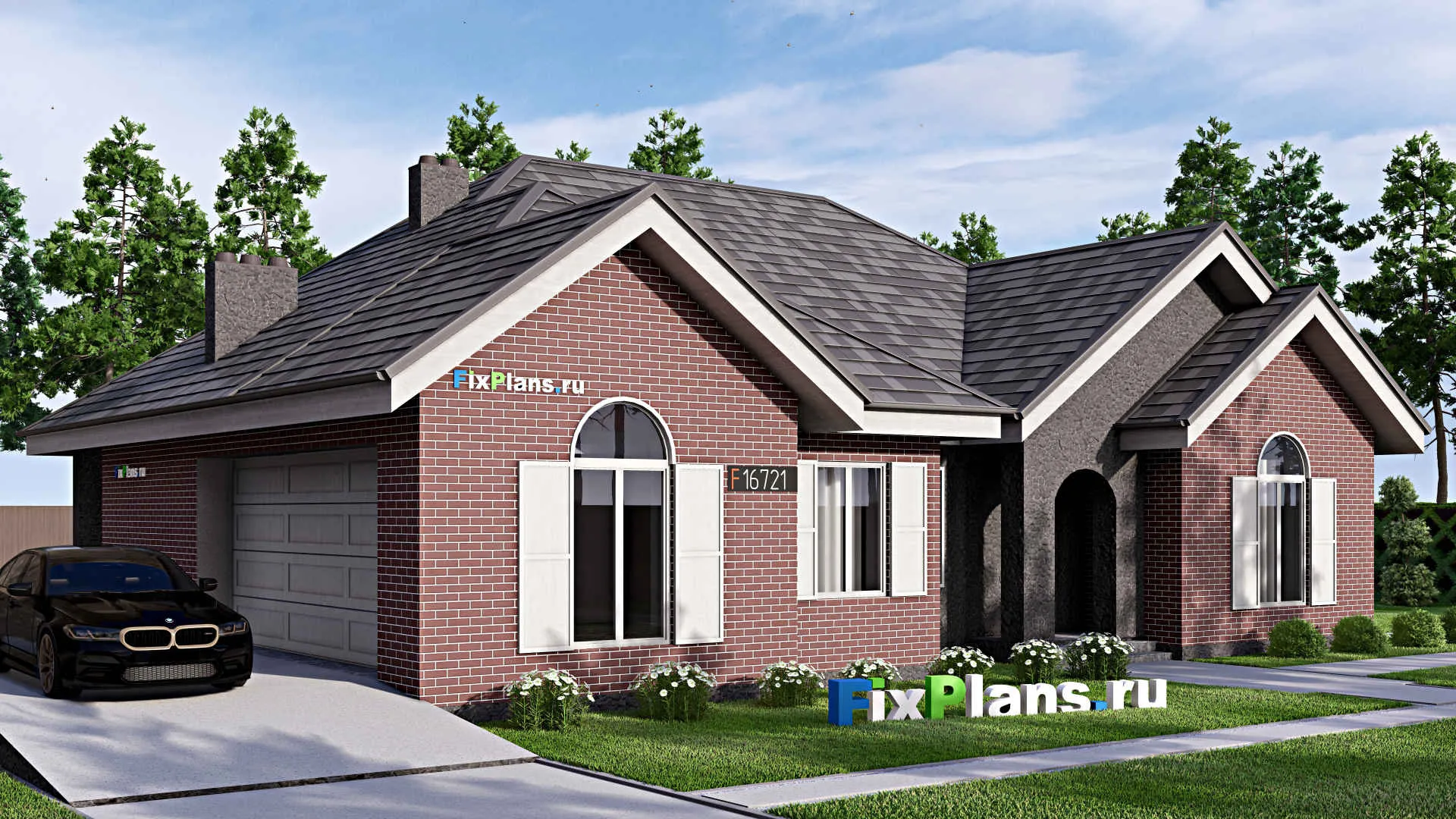 F-16721 - Проект одноэтажного дома 14 на 18, площадью 180 м² с террасой, гаражом на 2 машины и 2 спальнями