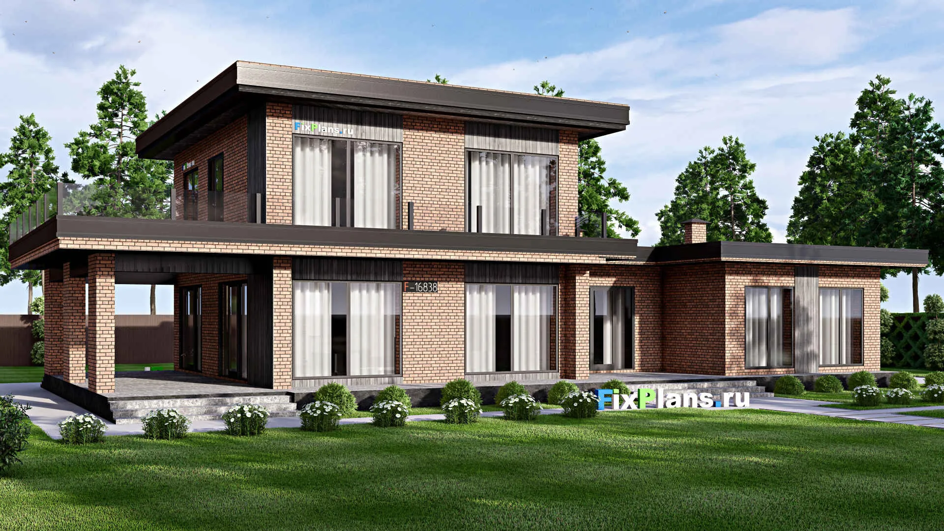 F-16838 - Проект одноэтажного дома 14 на 25, площадью 380 м² с террасой, балконом и 4 спальнями