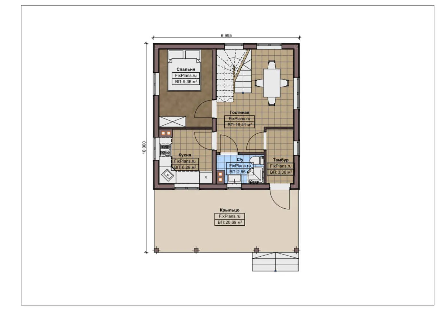 F-12194 - Планы дома с мансардой 7 на 10, площадью 100 м² с 3 спальнями