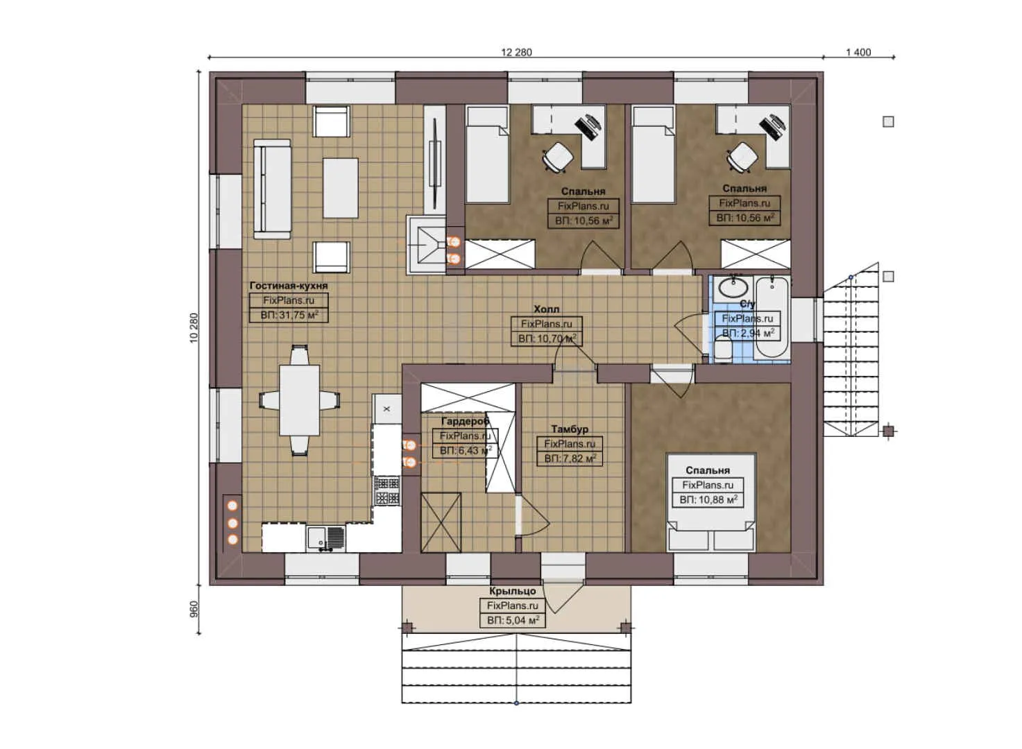 F-3869 - План одноэтажного дома 11 на 13, площадью 100 м² с 3 спальнями