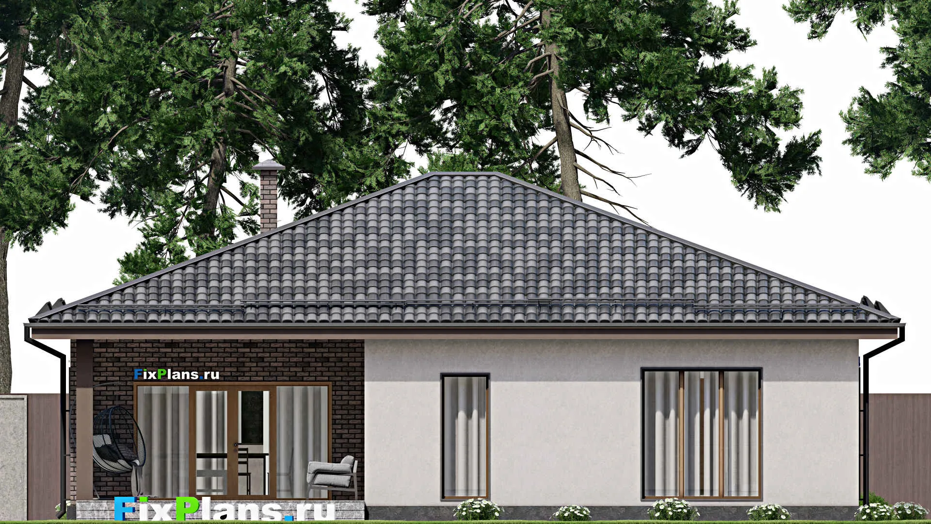 F-7991 - План одноэтажного дома 15 на 15, площадью 170 м² с террасой и 3 спальнями