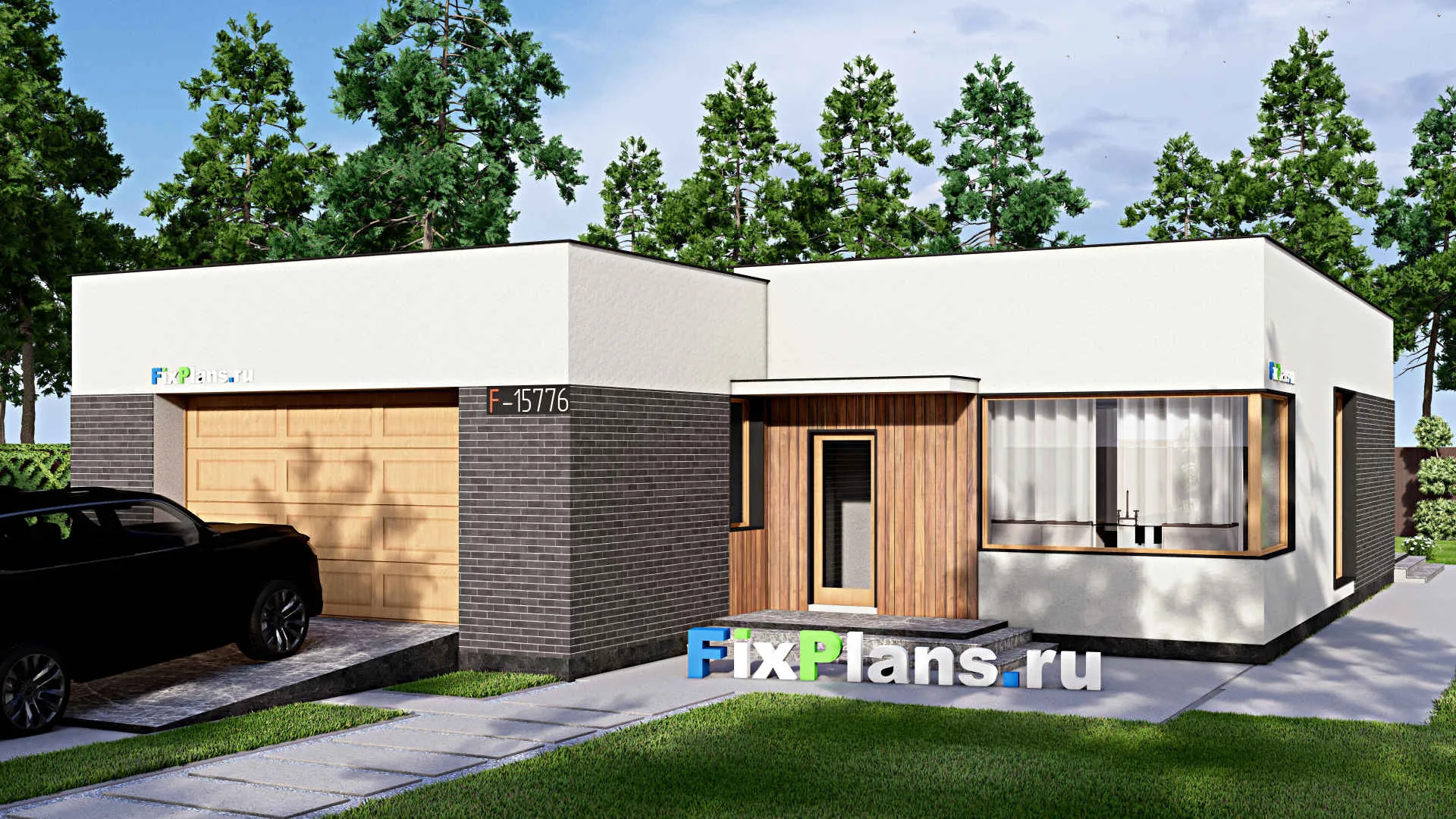 F-15776 - Проект одноэтажного дома 13 на 20, площадью 200 м² с террасой, гаражом на 2 машины и 3 спальнями