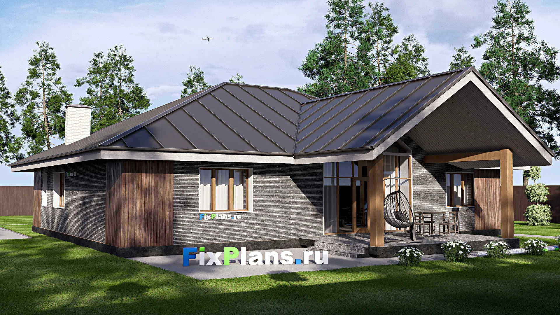 F-19718 - План одноэтажного дома 18 на 20, площадью 230 м² с террасой и 1 спальнями