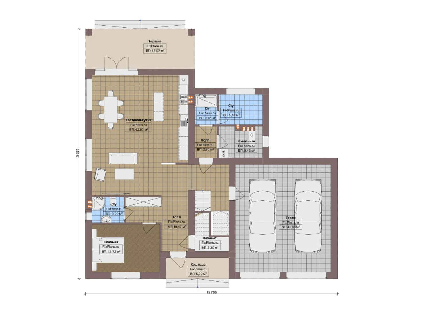F-13301 - Планы двухэтажного дома 16 на 16, площадью 280 м² с террасой, балконом, гаражом на 2 машины и 4 спальнями