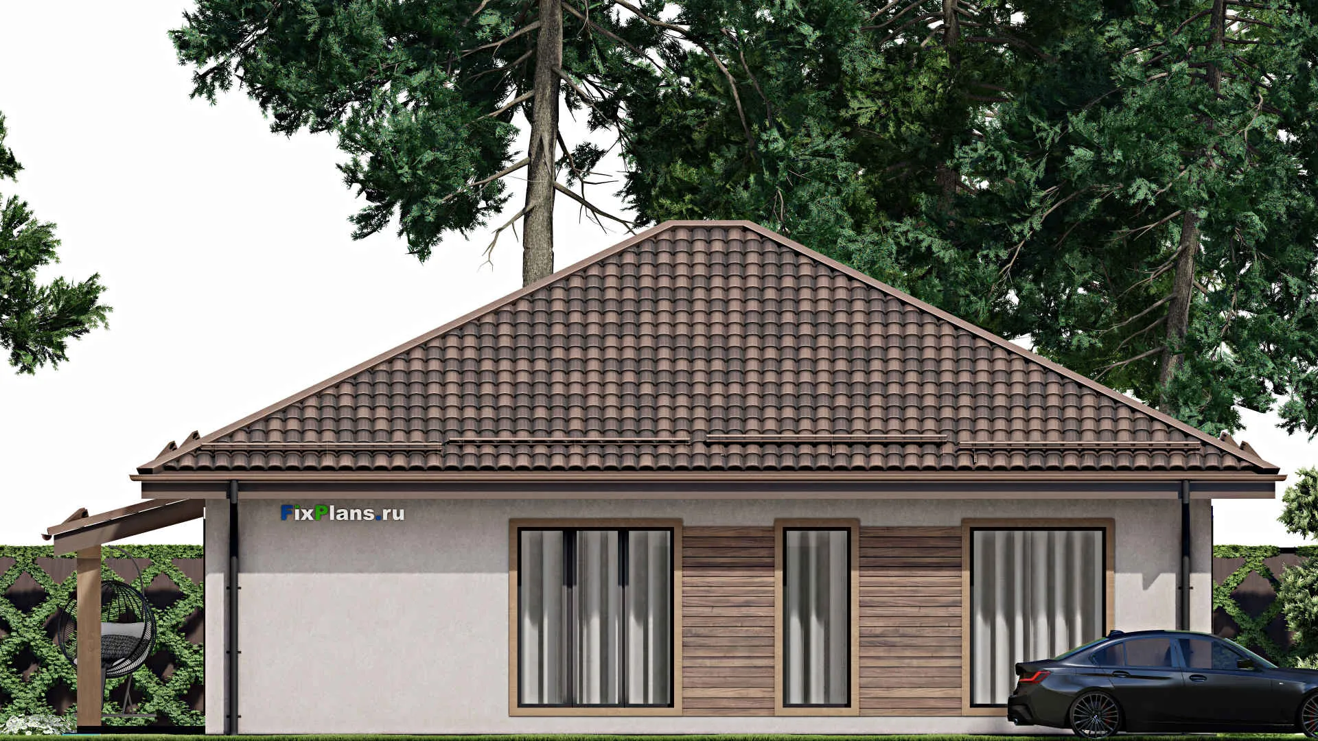 F-8279 - Проект одноэтажного дома 12 на 15, площадью 130 м² с террасой и 3 спальнями