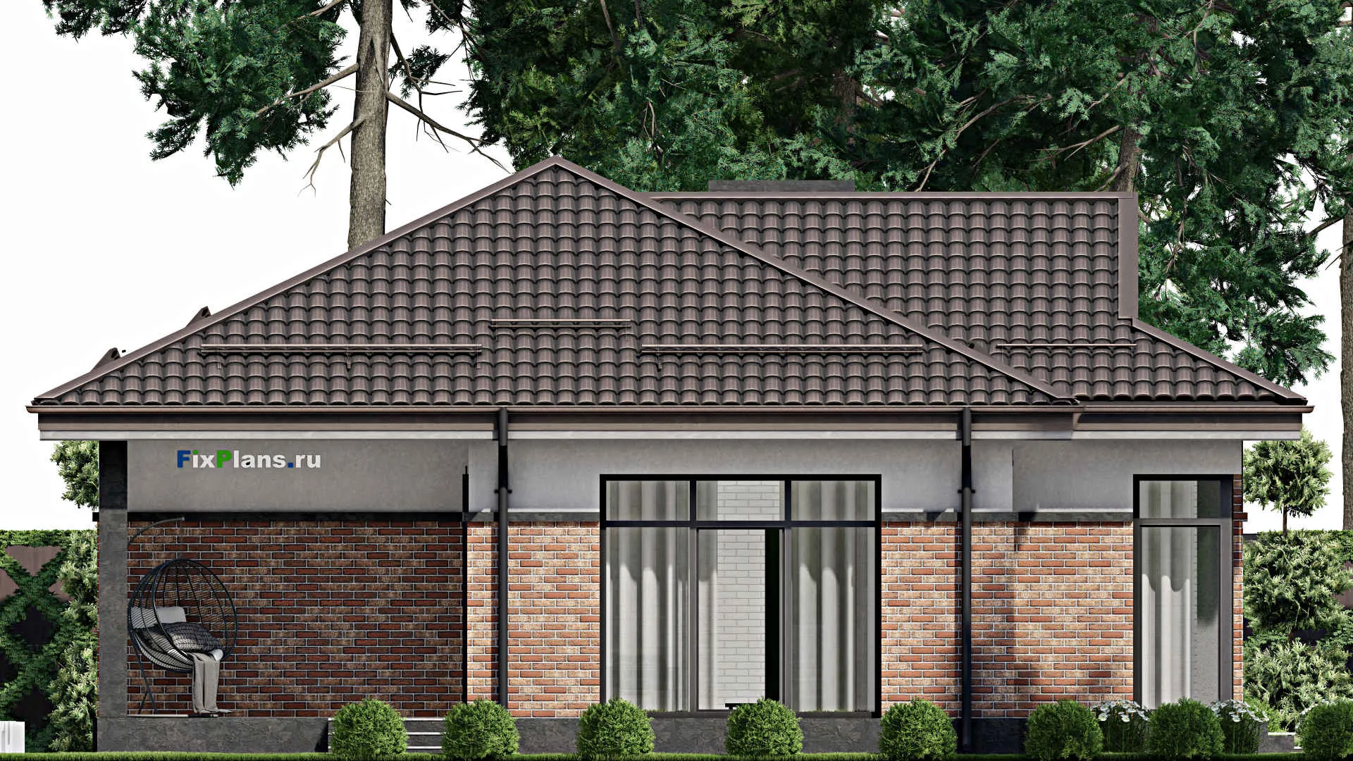 F-2105 - Проект одноэтажного дома 13 на 15, площадью 140 м² с террасой, гаражом на 2 машины и 2 спальнями