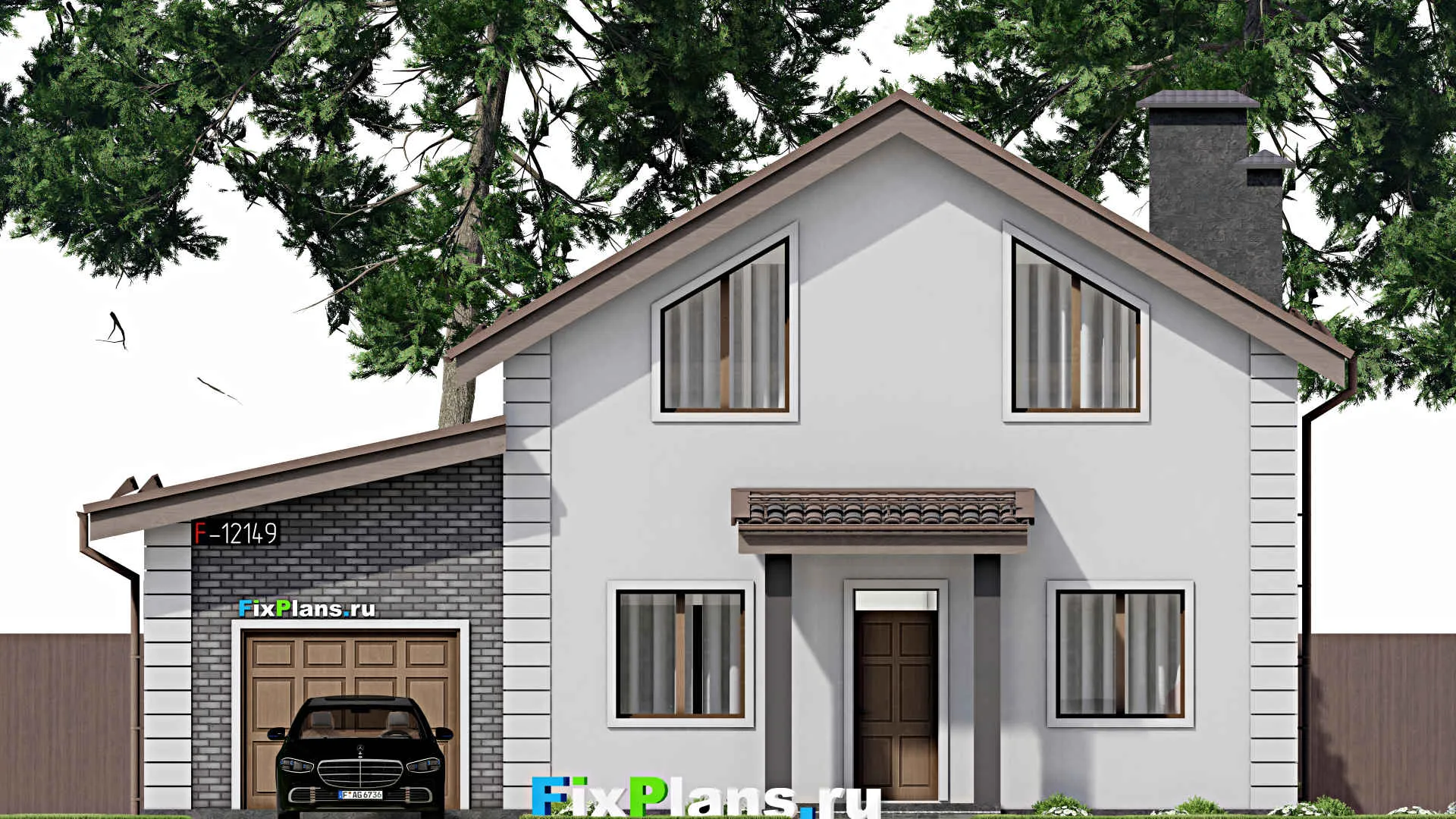 F-12149 - Проект дома с мансардой 12 на 13, площадью 160 м² с террасой, гаражом на 1 машину и 4 спальнями