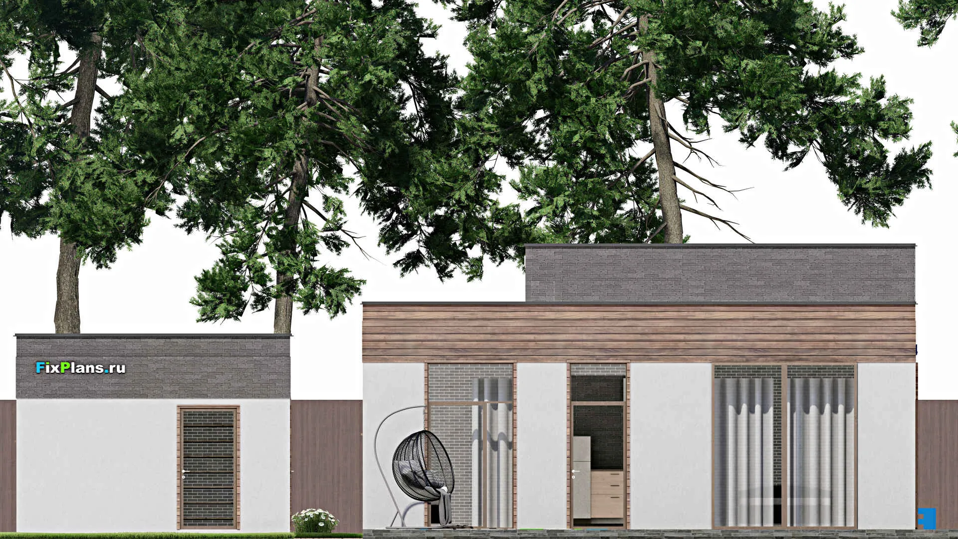 F-6065 - Проект одноэтажного дома 16 на 23, площадью 330 м² с террасой, гаражом на 2 машины и 4 спальнями