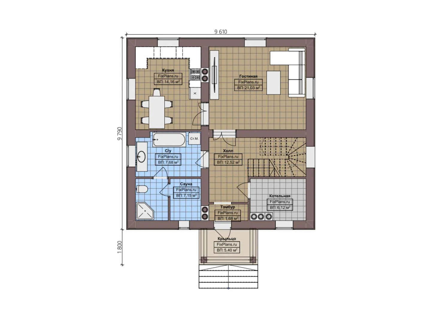F-4526 - Планы дома с мансардой 10 на 10, площадью 150 м² с баней и 3 спальнями