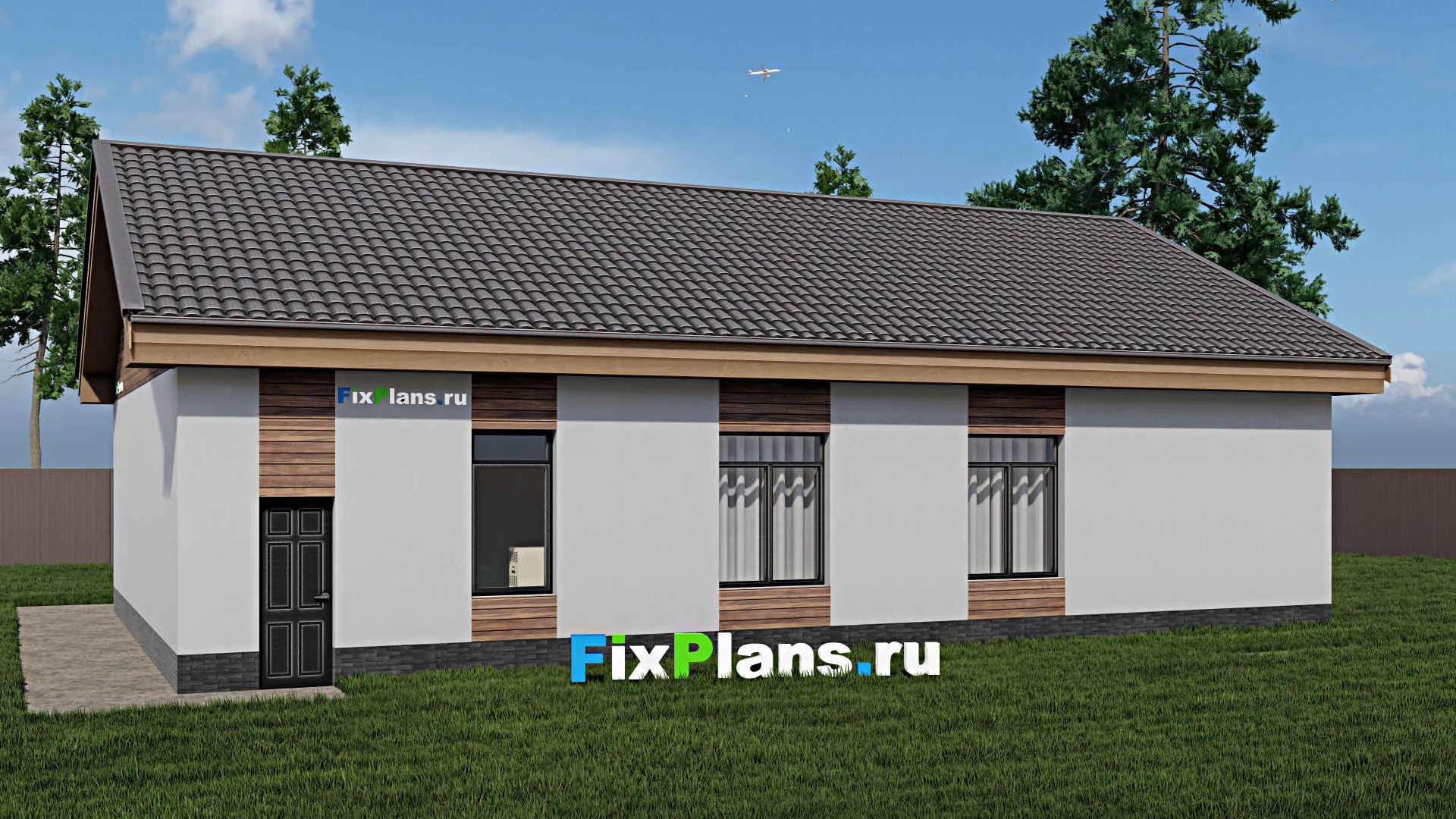 F-0998i - Проект одноэтажного дома 12 на 17, площадью 140 м² с гаражом на 1 машину и 3 спальнями