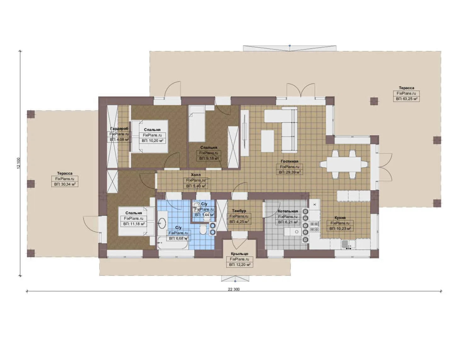 F-16235 - План одноэтажного дома 13 на 23, площадью 210 м² с террасой и 3 спальнями