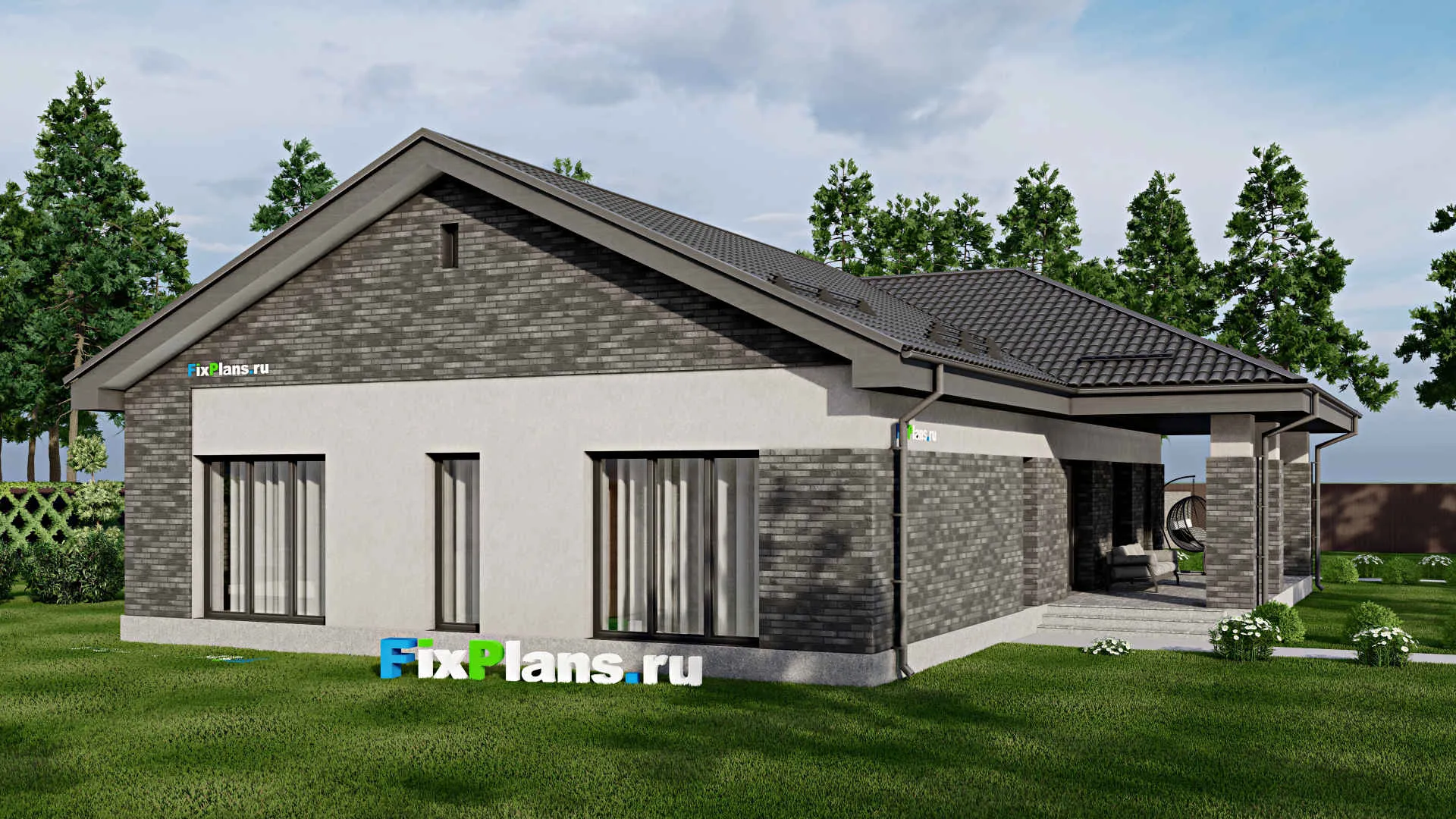 F-1997 - Проект одноэтажного дома 12 на 23, площадью 230 м² с террасой, гаражом на 2 машины и 3 спальнями