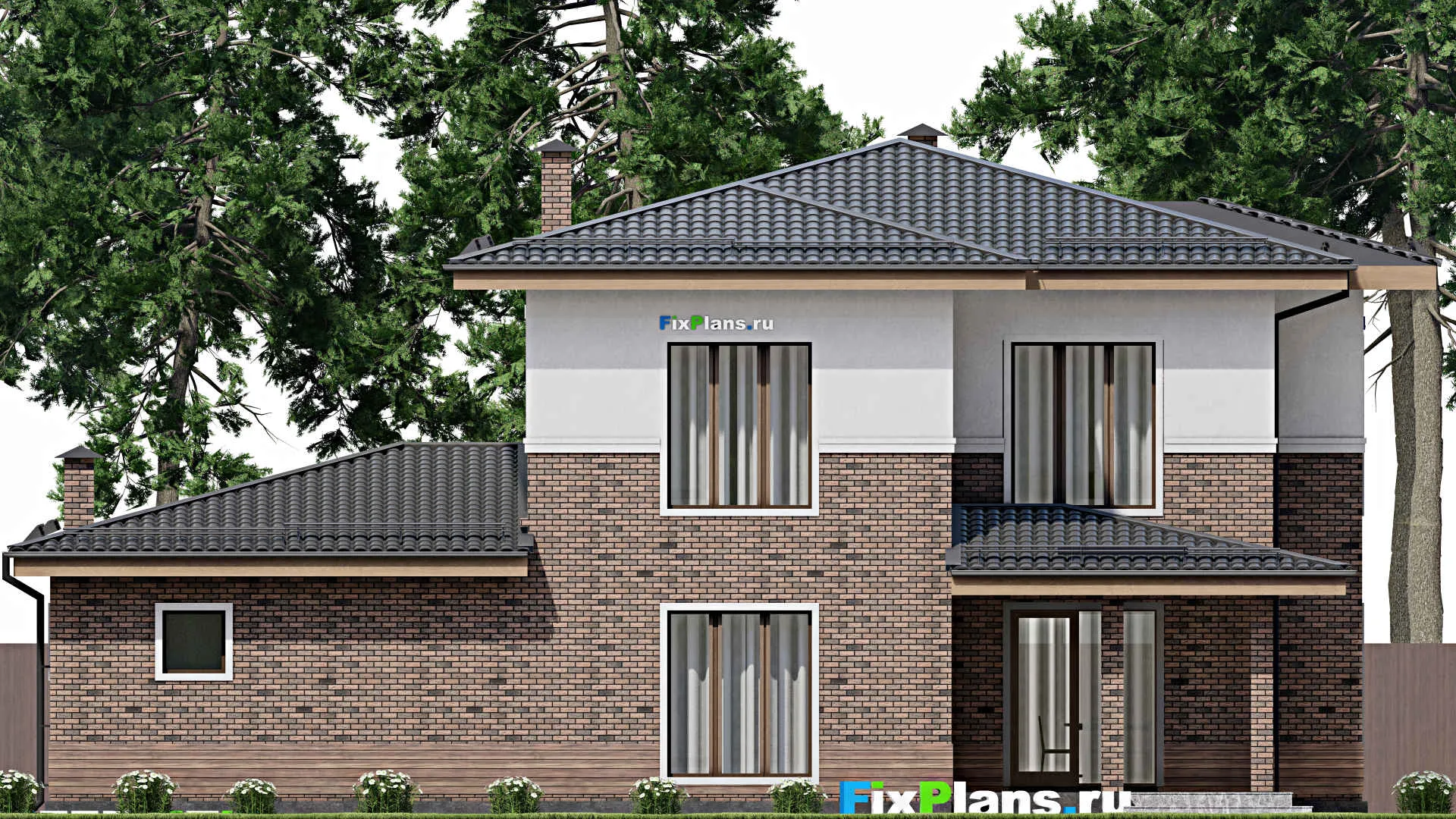 F-10205 - Проект двухэтажного дома 16 на 18, площадью 250 м² с террасой, баней, гаражом на 2 машины и 4 спальнями