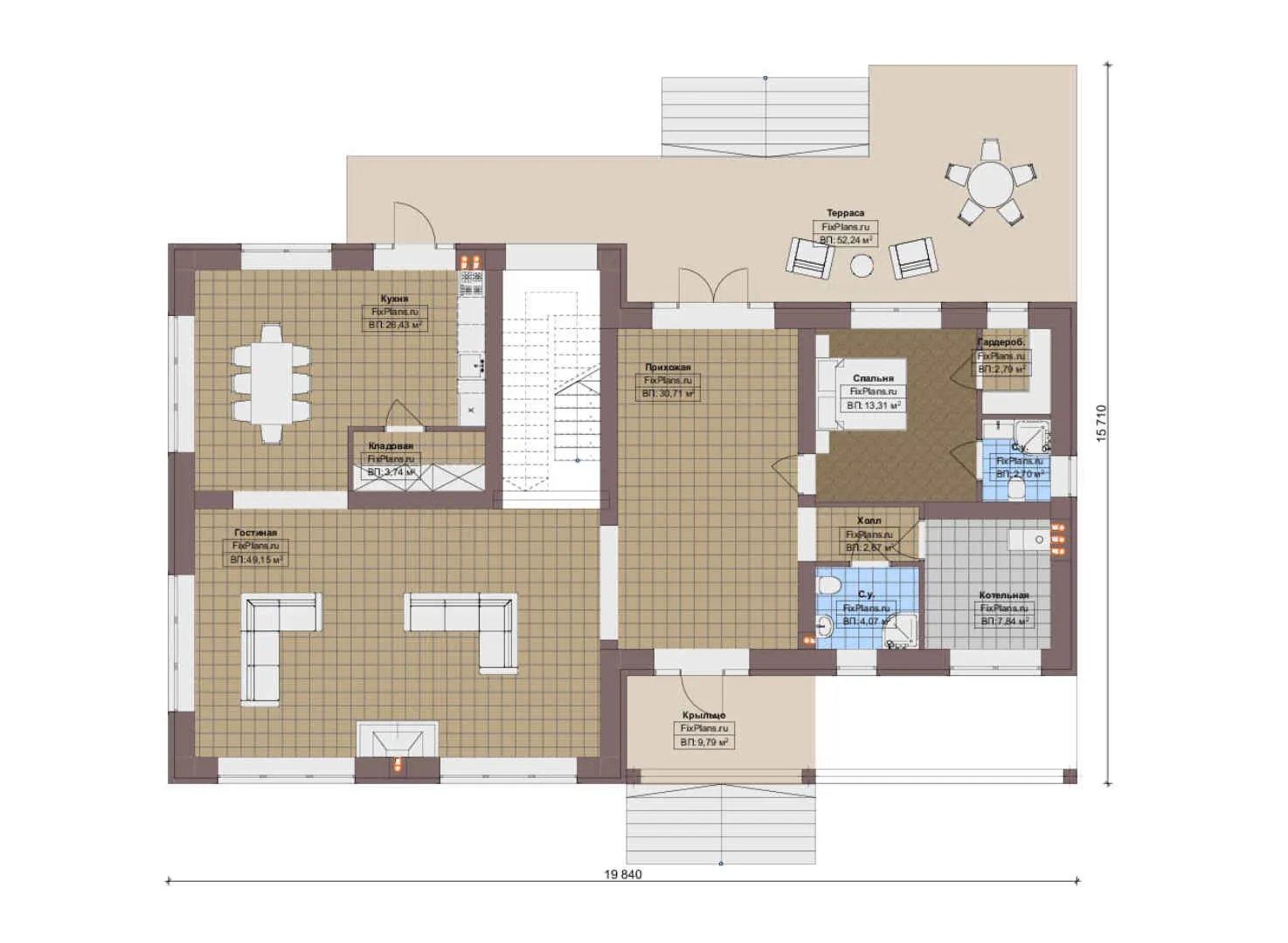 F-19772 - Планы двухэтажного дома 16 на 20, площадью 290 м² с террасой и 3 спальнями