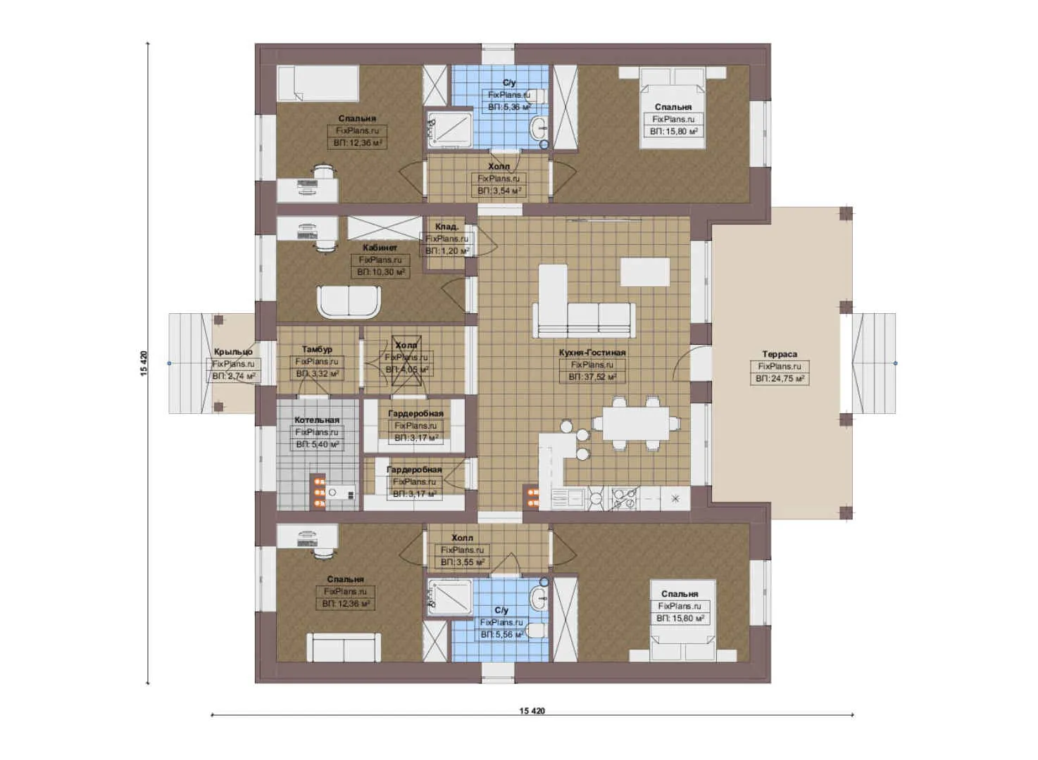 F-18647 - План одноэтажного дома 16 на 16, площадью 170 м² с террасой и 4 спальнями