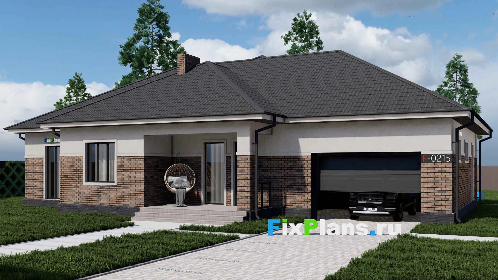 F-0215 - Проект одноэтажного дома 18 на 20, площадью 230 м² с террасой, гаражом на 2 машины и 3 спальнями