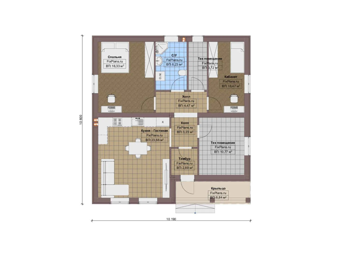 F-20105 - План одноэтажного дома 11 на 11, площадью 90 м² с 1 спальнями