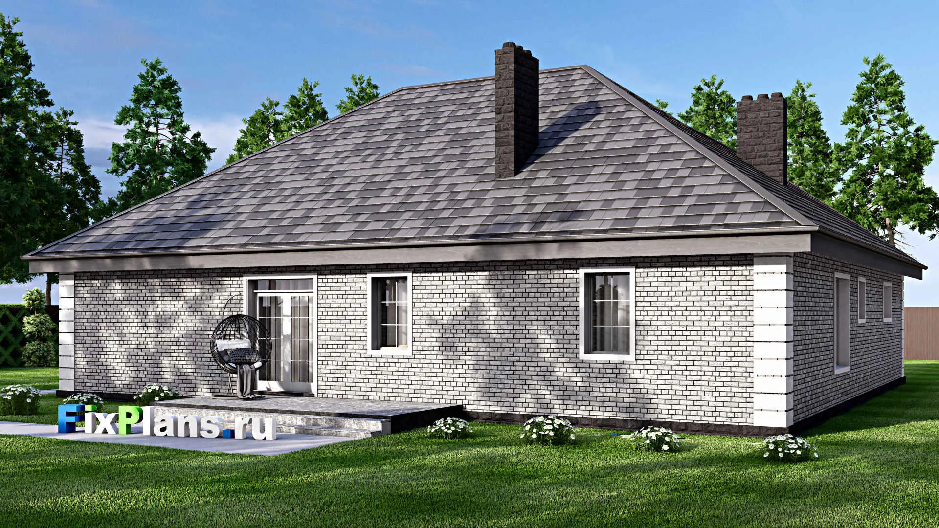 F-16730 - Проект одноэтажного дома 18 на 19, площадью 210 м² с террасой, гаражом на 2 машины и 4 спальнями