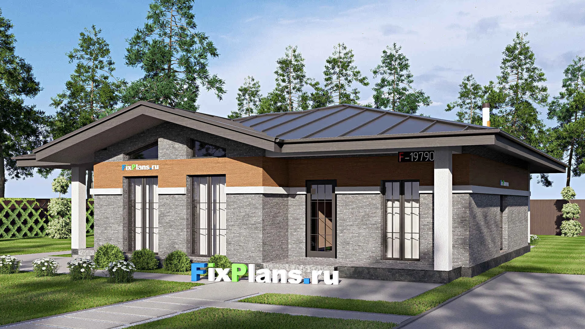 F-19790 - Проект одноэтажного дома 15 на 16, площадью 160 м² с террасой и 3 спальнями