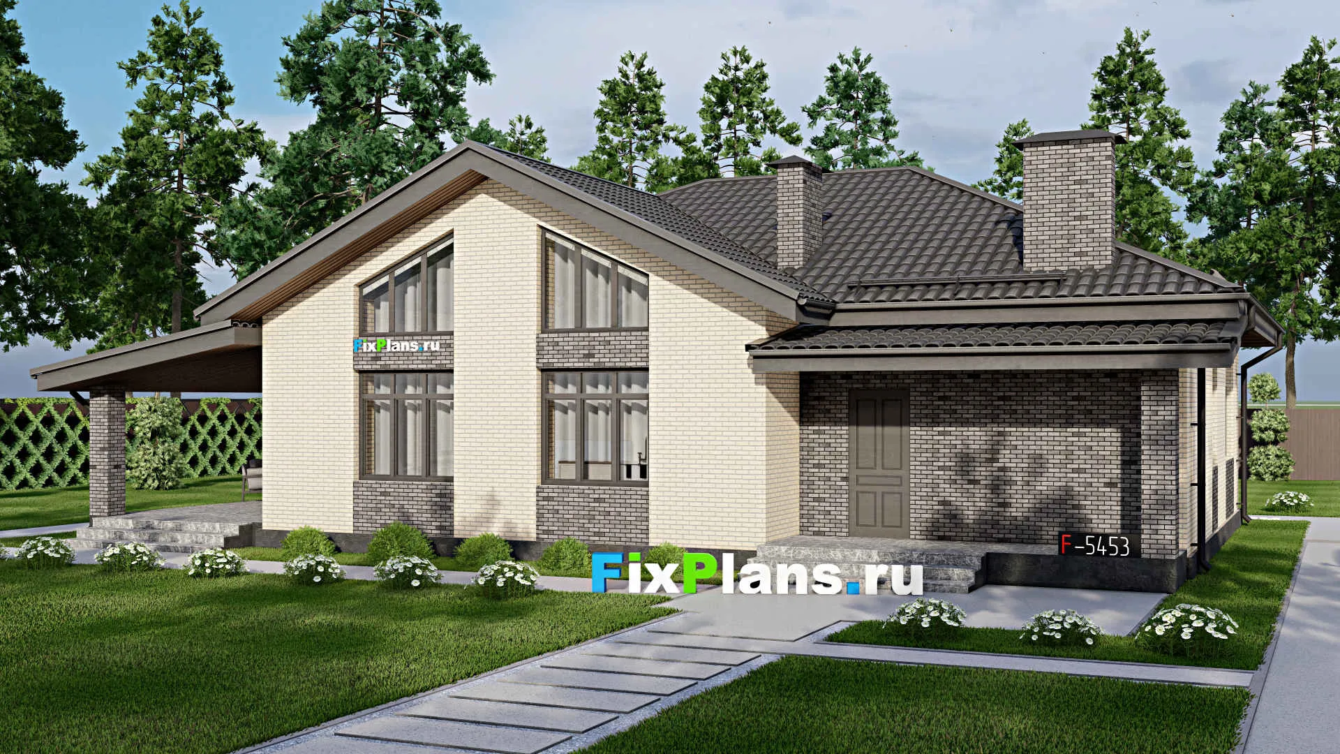 F-5453 - Проект одноэтажного дома 12 на 16, площадью 160 м² с террасой и 3 спальнями