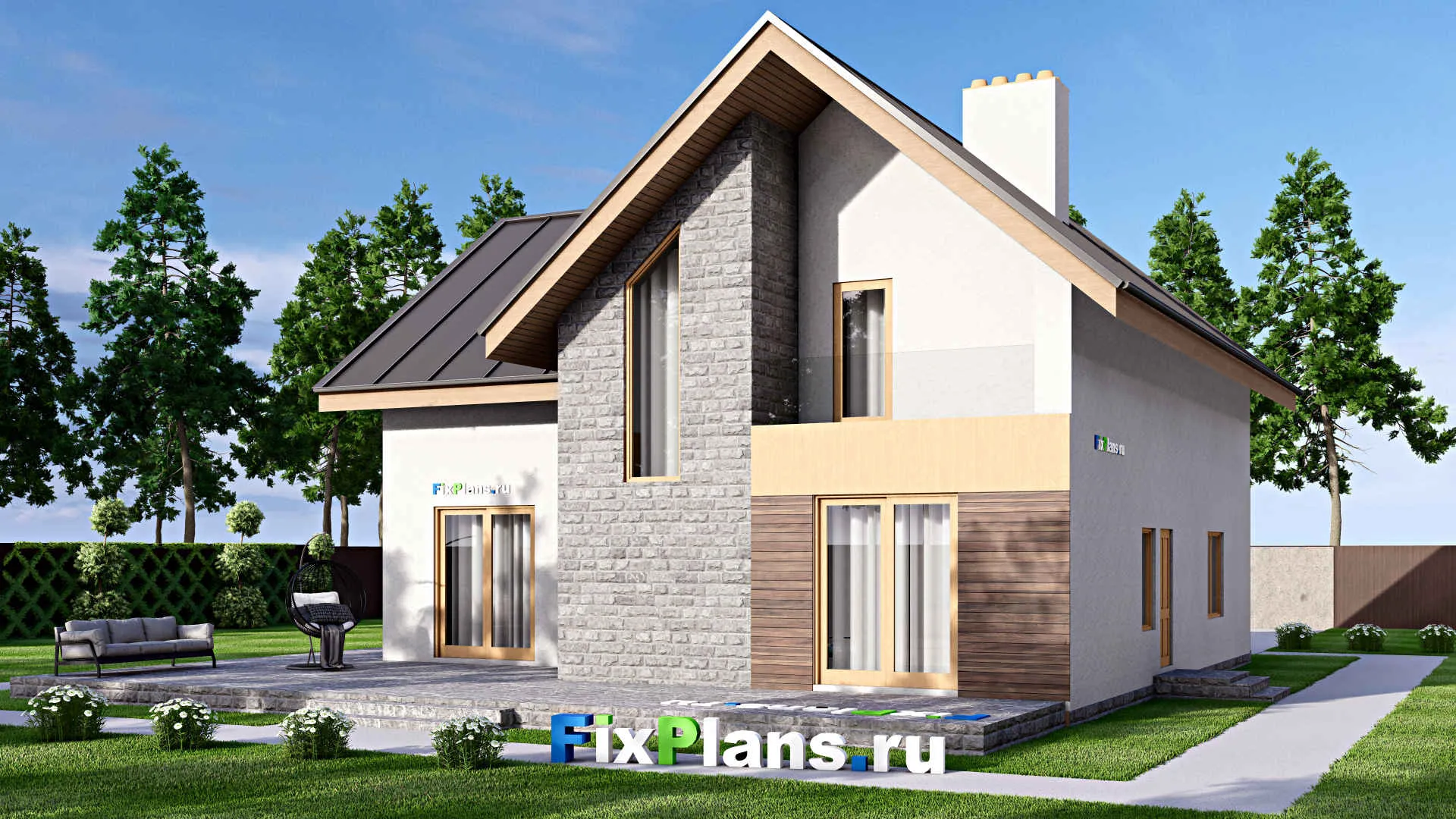 F-15884 - Проект дома с мансардой 16 на 17, площадью 300 м² с террасой, балконом, гаражом на 1 машину и 4 спальнями