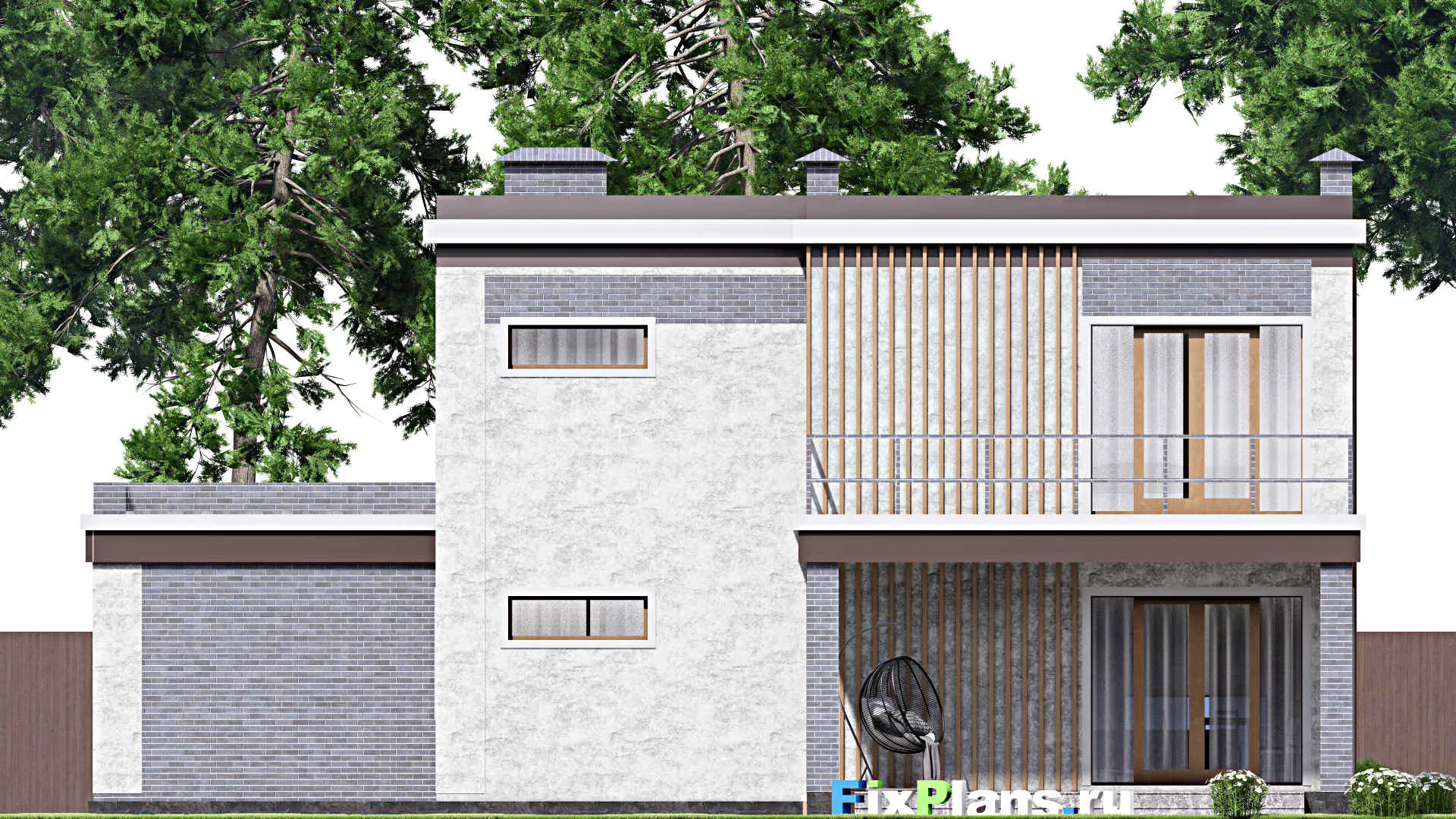 F-13301 - Проект двухэтажного дома 16 на 16, площадью 280 м² с террасой, балконом, гаражом на 2 машины и 4 спальнями