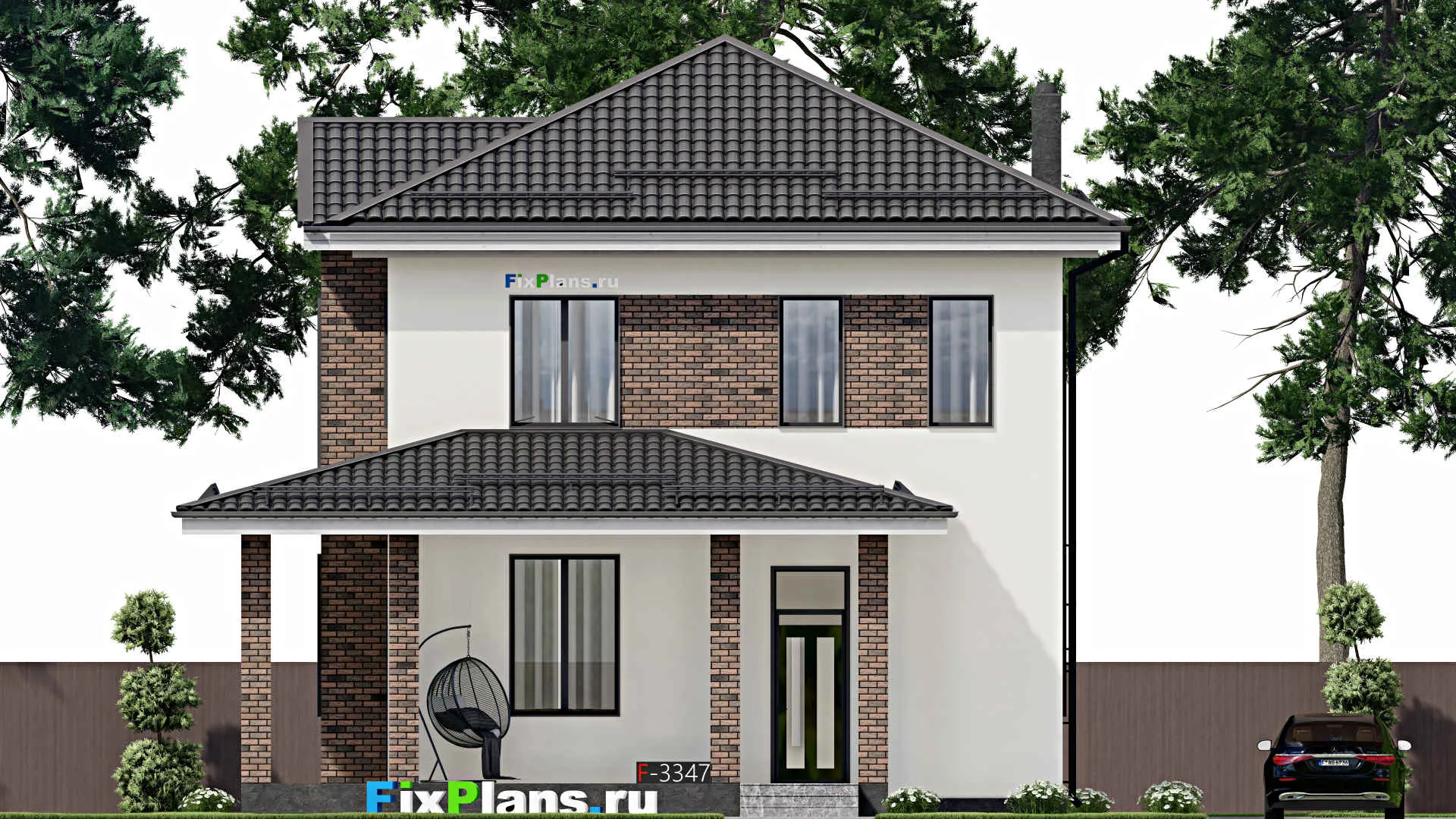 F-3347 - Планы двухэтажного дома 11 на 11, площадью 180 м² с террасой и 4 спальнями