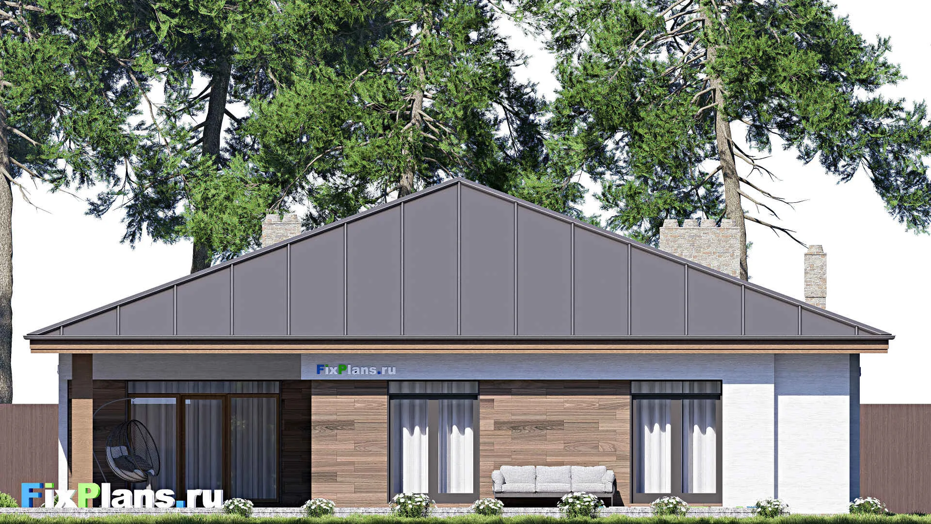 F-16451 - Проект одноэтажного дома 18 на 21, площадью 280 м² с террасой, гаражом на 1 машину и 3 спальнями