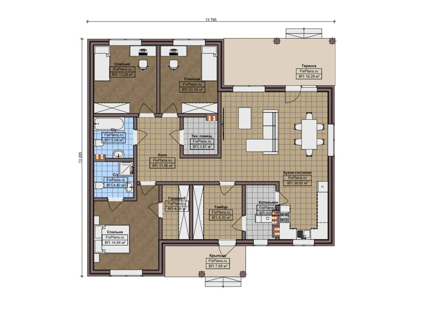 F-12257 - План одноэтажного дома 14 на 14, площадью 150 м² с 3 спальнями