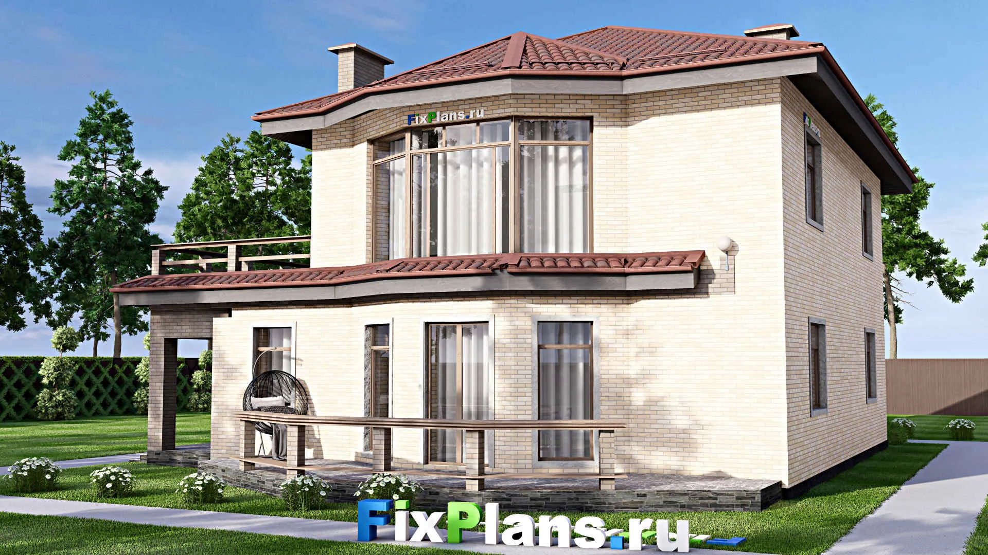 F-12716 - Планы двухэтажного дома 14 на 18, площадью 300 м² с террасой, балконом, гаражом на 1 машину и 3 спальнями