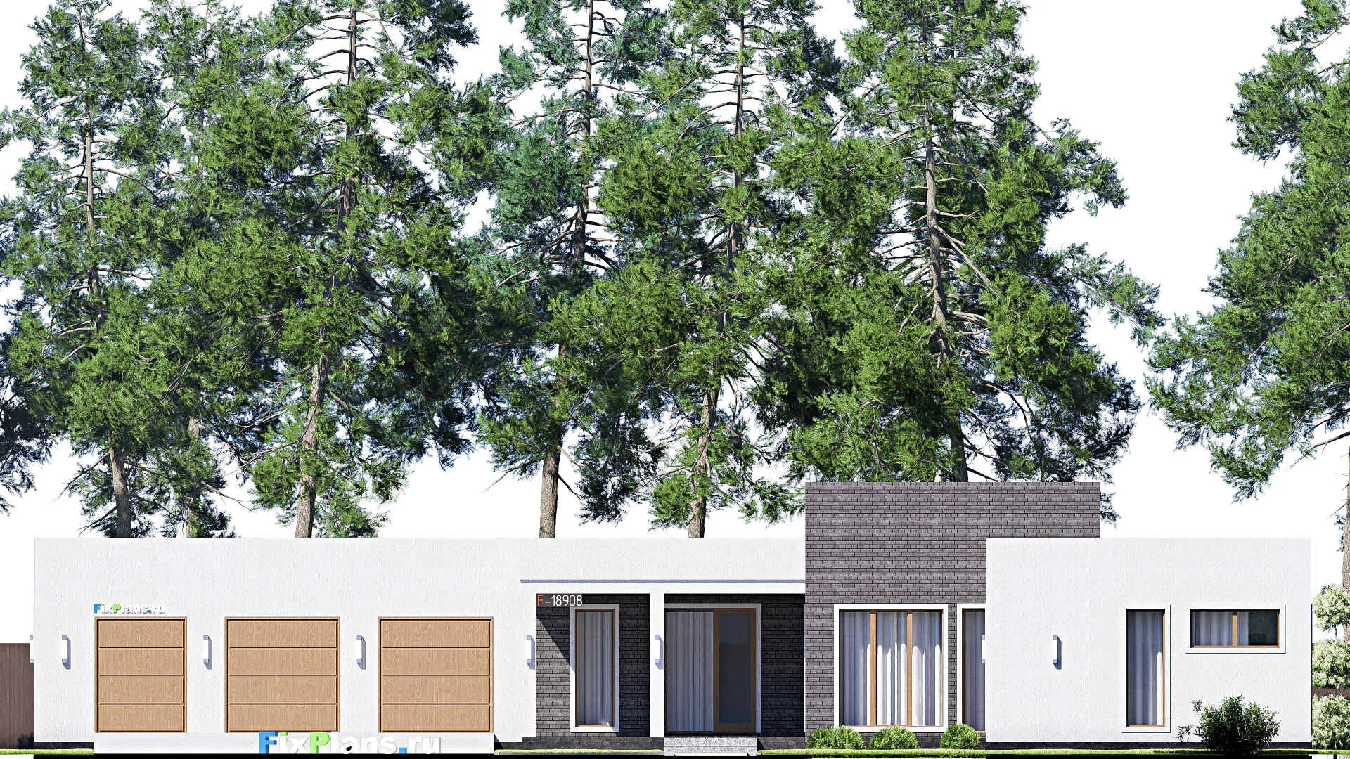 F-18908 - Проект одноэтажного дома 28 на 28, площадью 310 м² с террасой, баней, гаражом на 2 машины и 3 спальнями