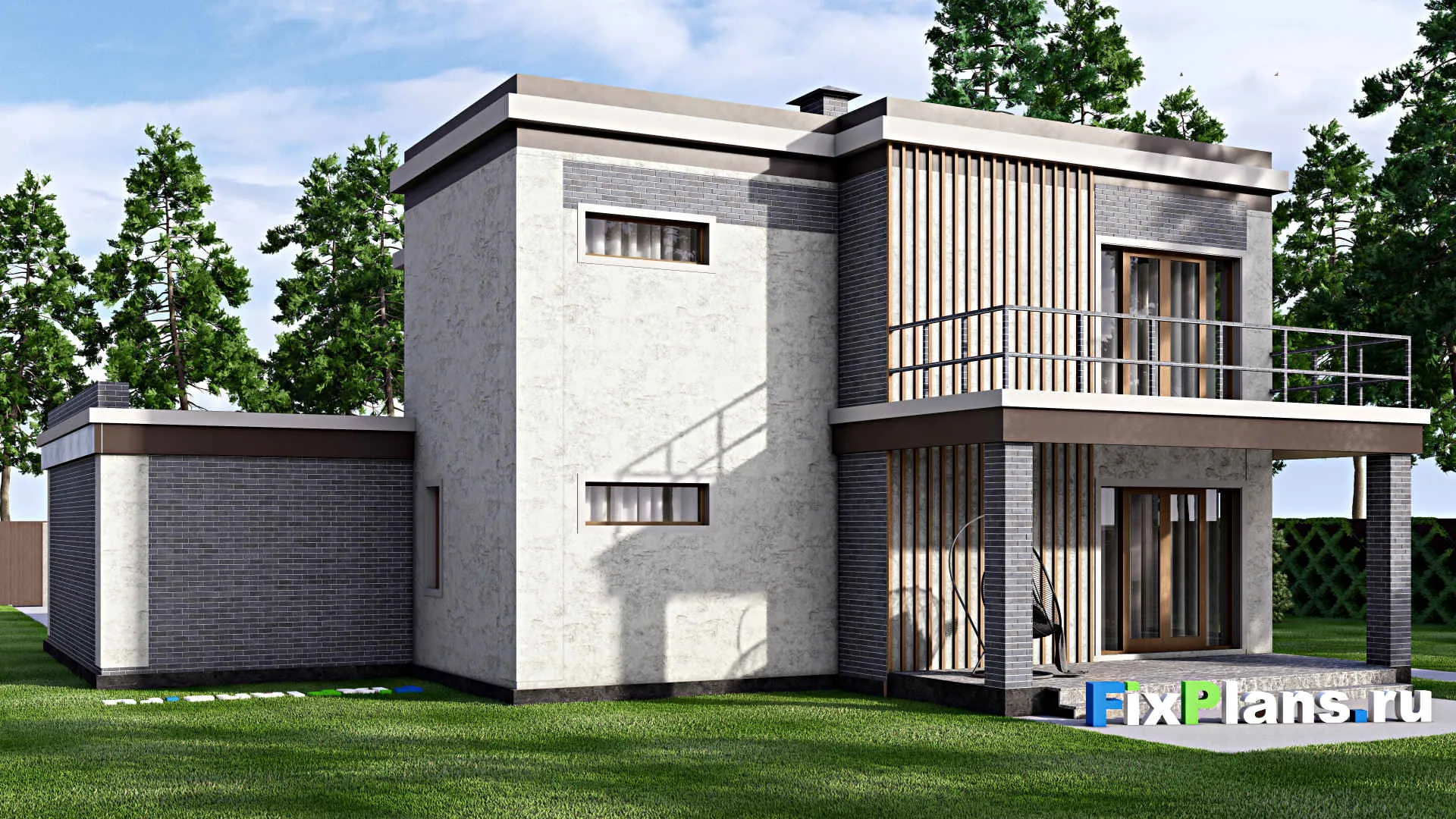 F-13301 - Проект двухэтажного дома 16 на 16, площадью 280 м² с террасой, балконом, гаражом на 2 машины и 4 спальнями