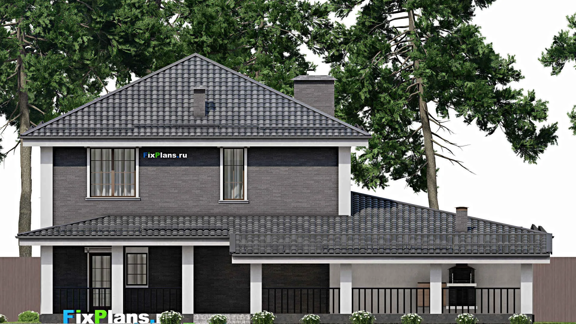 F-12356 - Проект двухэтажного дома 18 на 19, площадью 320 м² с террасой, гаражом на 2 машины и 3 спальнями