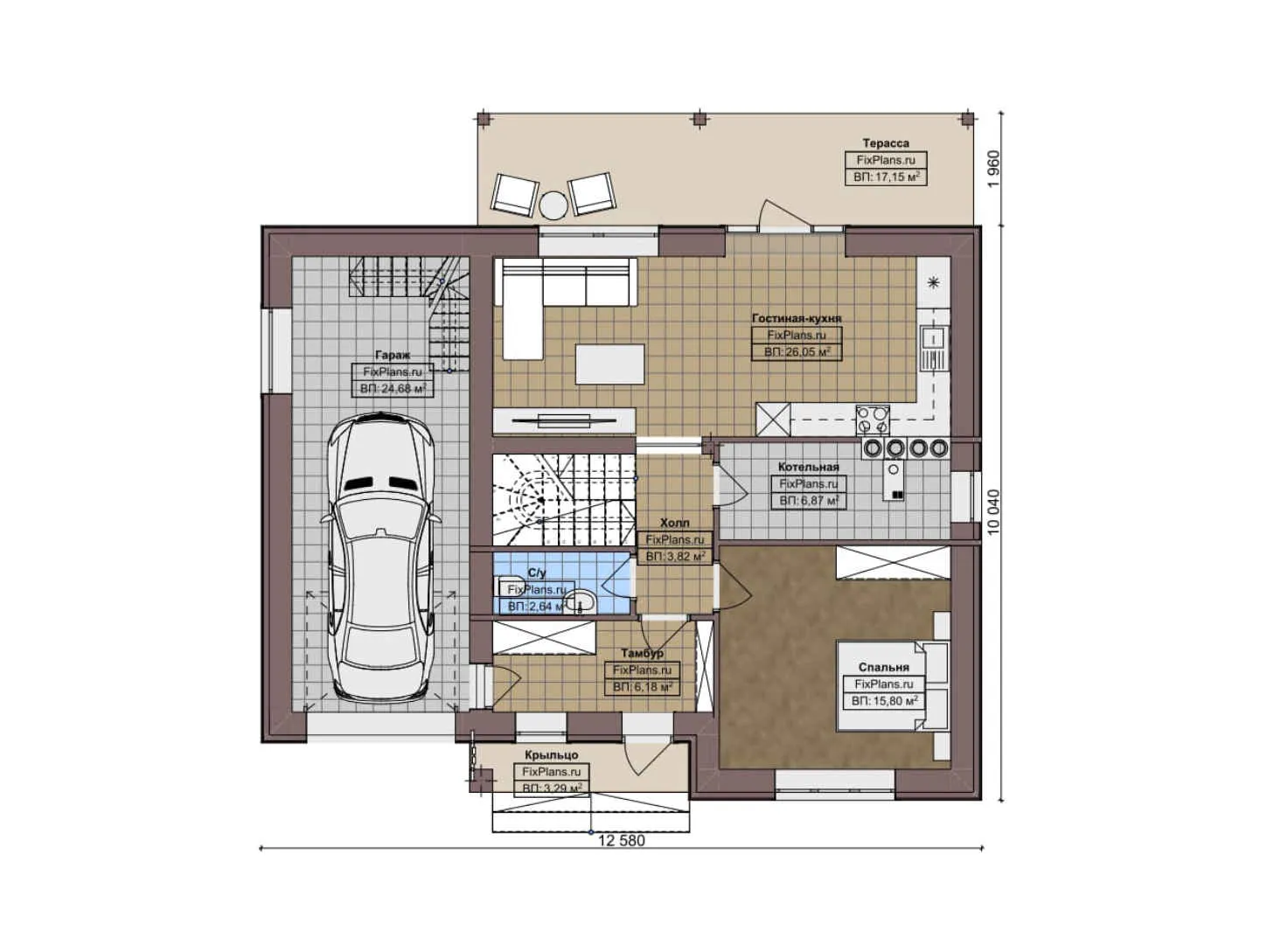 F-3068 - Планы дома с мансардой 11 на 13, площадью 170 м² с террасой, балконом, цокольным этажом, гаражом на 1 машину и 4 спальнями