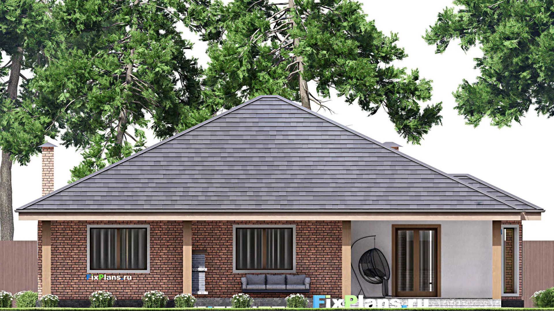 F-13796 - Проект одноэтажного дома 16 на 17, площадью 200 м² с террасой и 3 спальнями