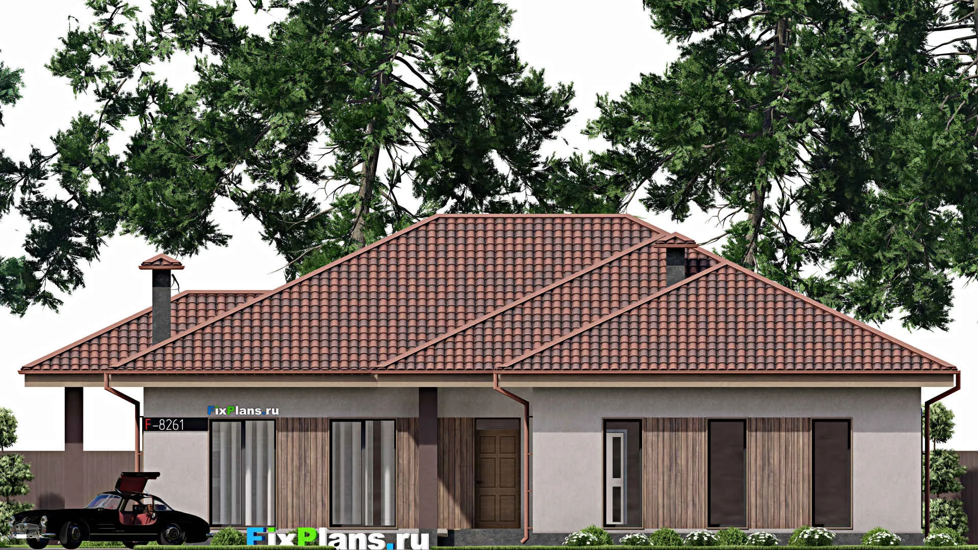 F-8261 - Проект одноэтажного дома 19 на 20, площадью 230 м² с террасой, гаражом на 2 машины и 3 спальнями