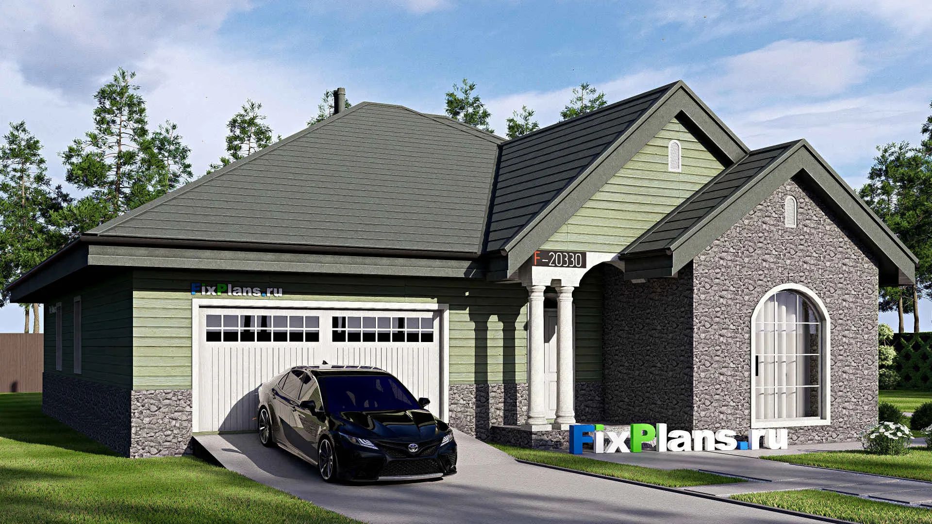 F-20330 - Проект одноэтажного дома 19 на 22, площадью 240 м² с гаражом на 2 машины и 2 спальнями