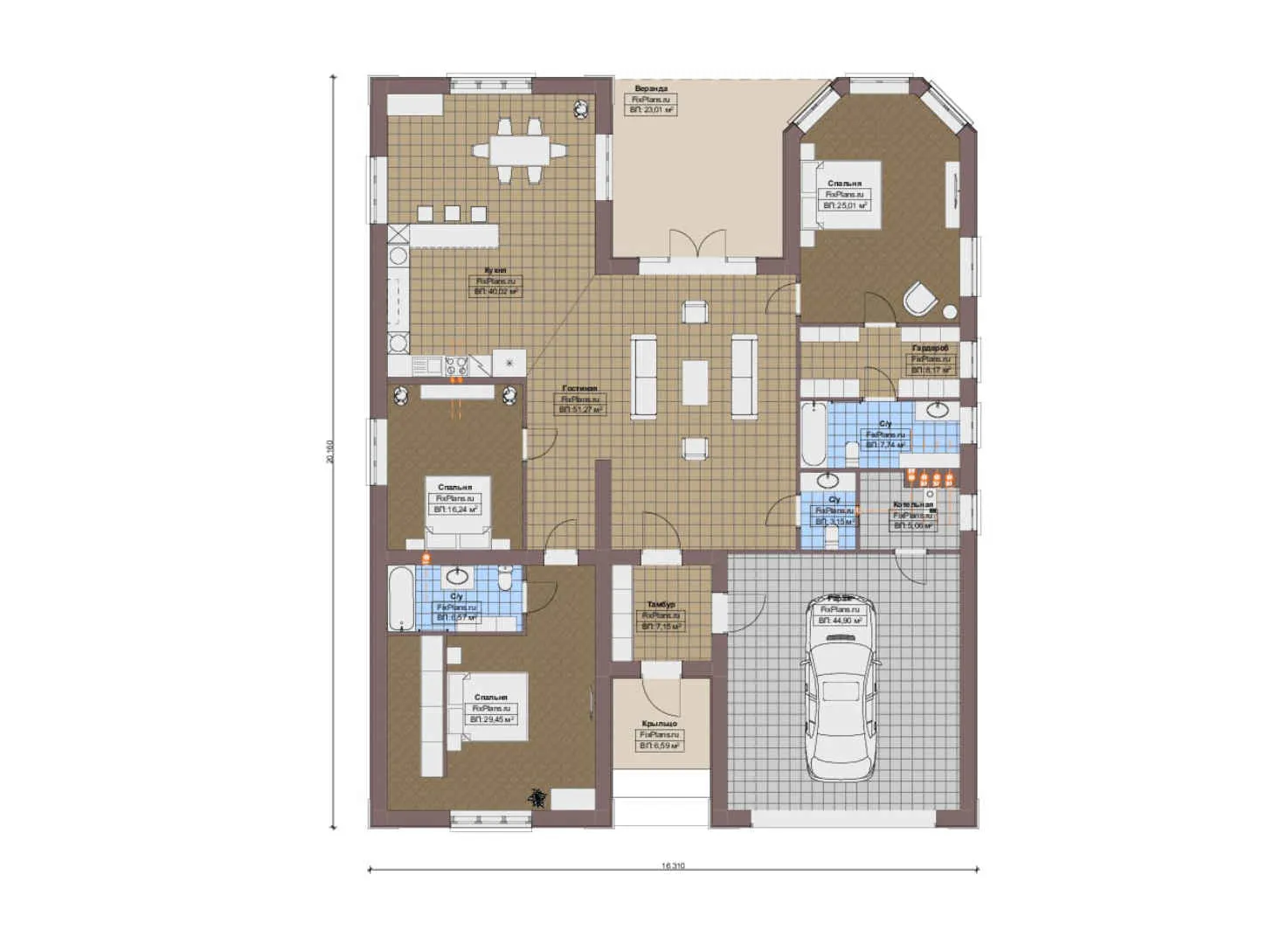 F-17558 - План одноэтажного дома 17 на 21, площадью 280 м² с террасой, гаражом на 2 машины и 3 спальнями