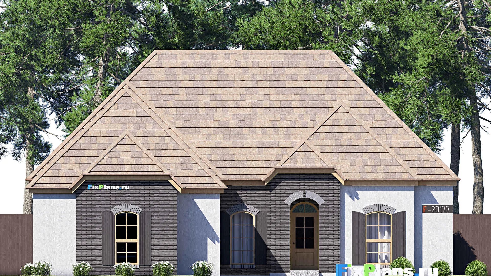 F-20177 - Проект одноэтажного дома 16 на 23, площадью 190 м² с гаражом на 2 машины и 3 спальнями