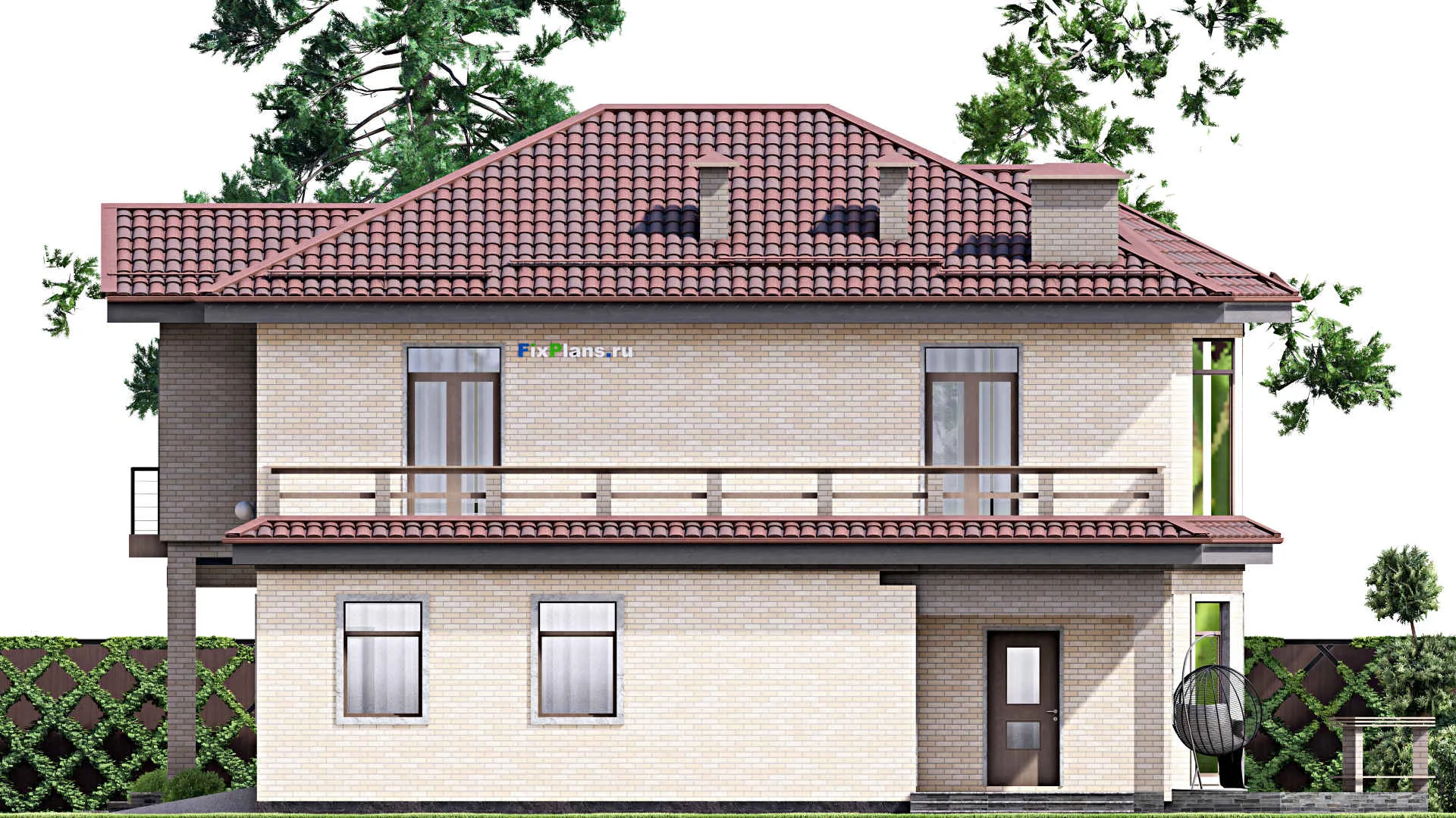 F-12716 - Планы двухэтажного дома 14 на 18, площадью 300 м² с террасой, балконом, гаражом на 1 машину и 3 спальнями