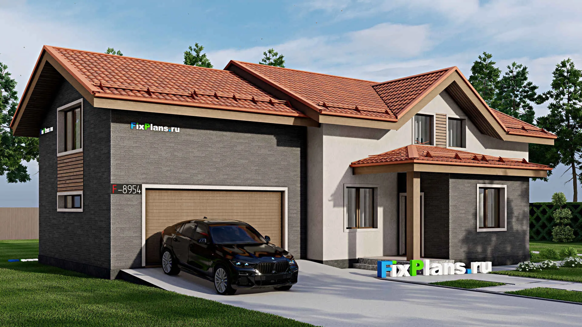 F-8954 - Проект дома с мансардой 12 на 19, площадью 250 м² с гаражом на 2 машины и 5 спальнями