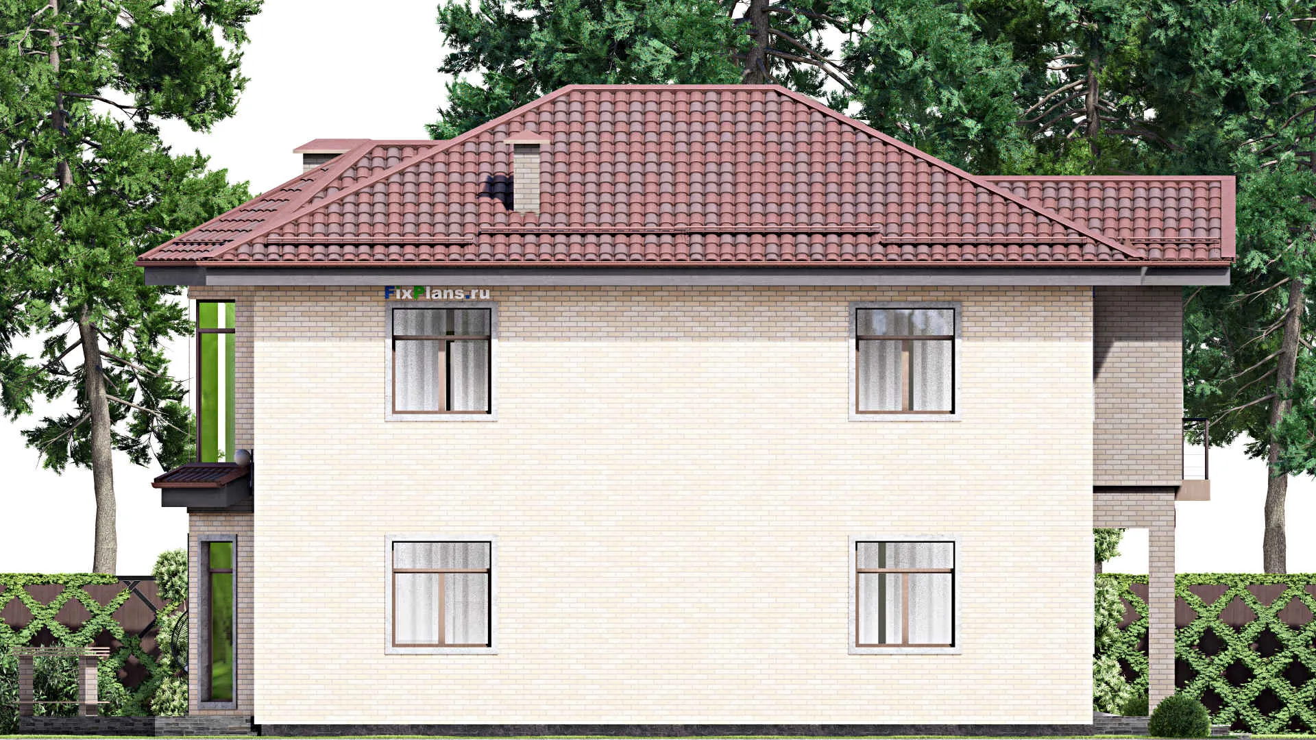 F-12716 - Планы двухэтажного дома 14 на 18, площадью 300 м² с террасой, балконом, гаражом на 1 машину и 3 спальнями